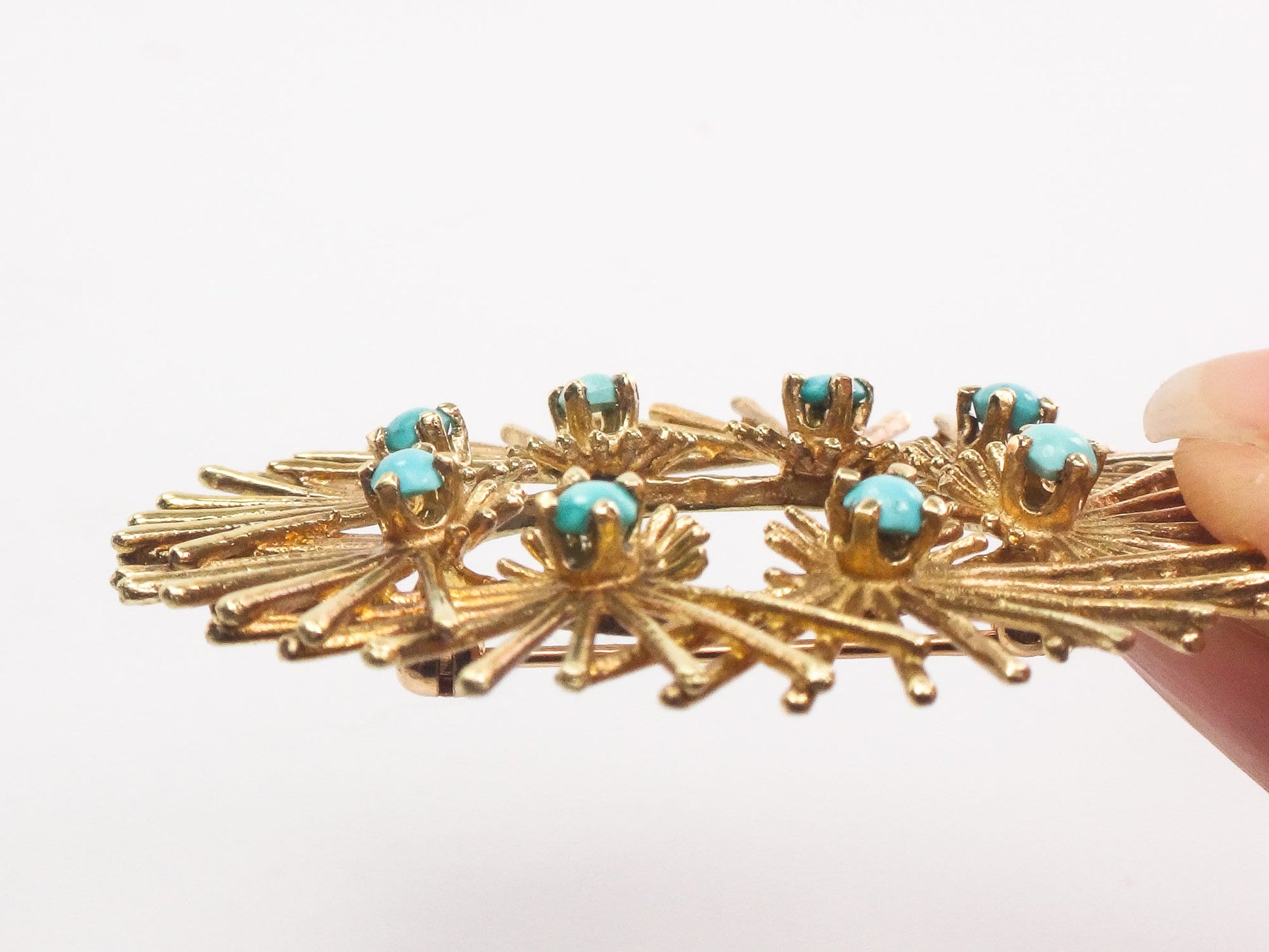 Large Solid 14k Yellow Gold Turquoise Circle Pin Vintage Mid-Century Gold Starburst Brooch