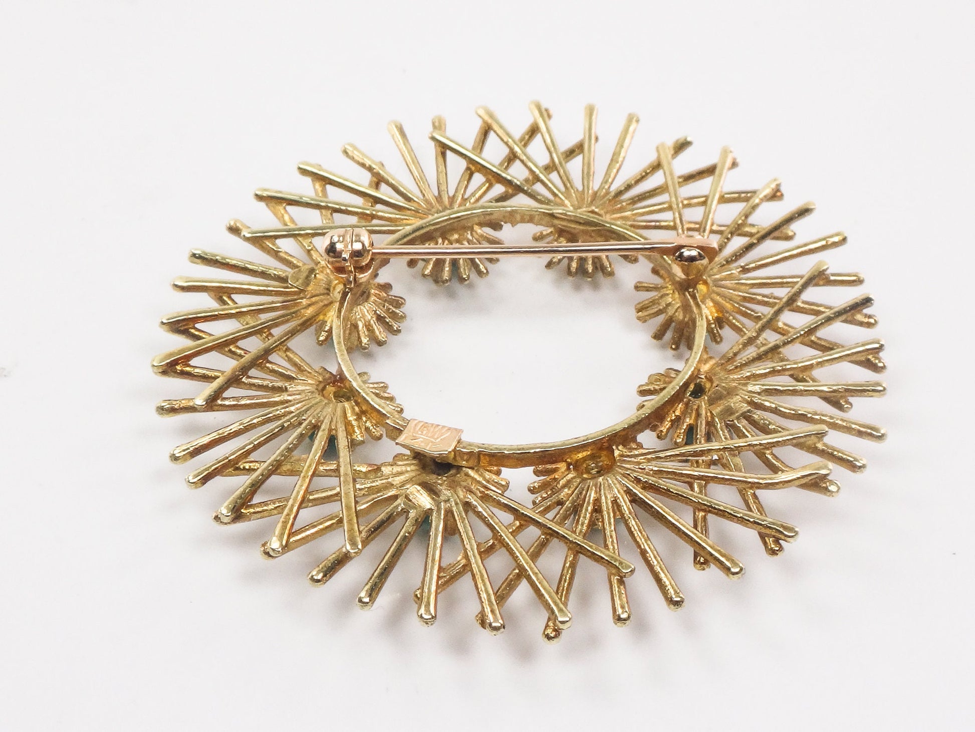 Large Solid 14k Yellow Gold Turquoise Circle Pin Vintage Mid-Century Gold Starburst Brooch