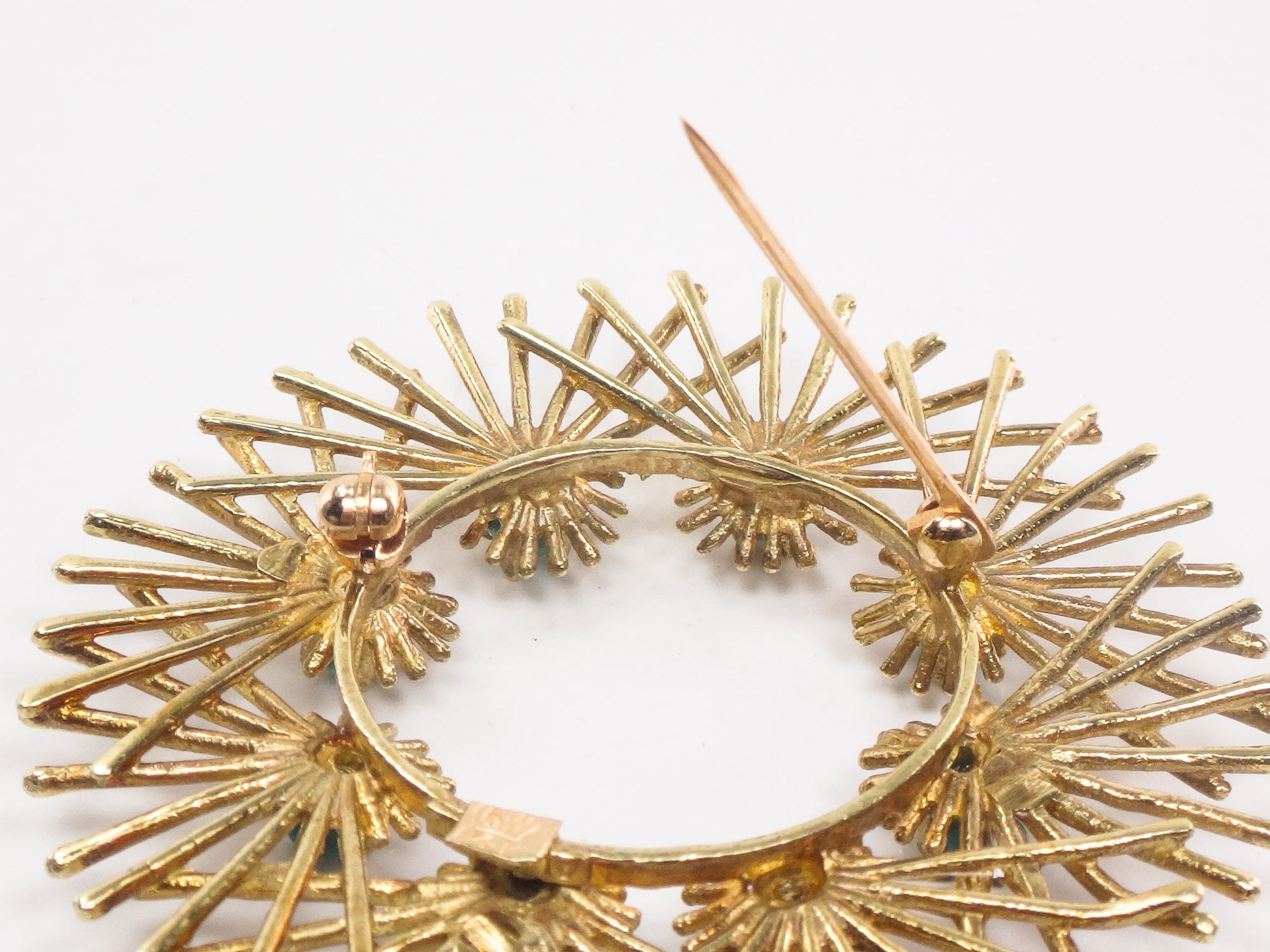 Large Solid 14k Yellow Gold Turquoise Circle Pin Vintage Mid-Century Gold Starburst Brooch