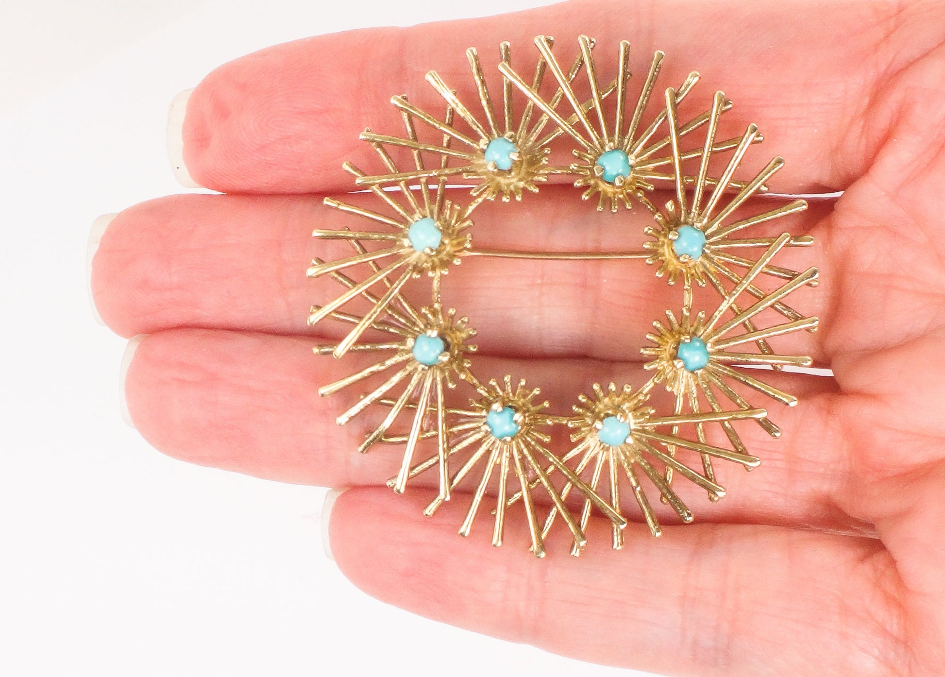 Large Solid 14k Yellow Gold Turquoise Circle Pin Vintage Mid-Century Gold Starburst Brooch