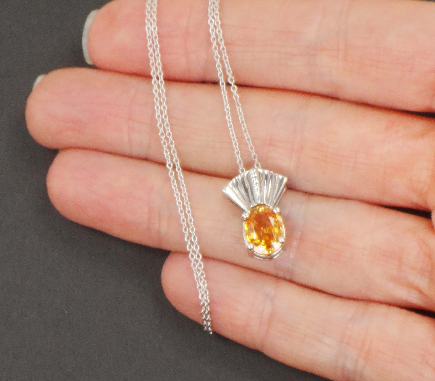 Vintage 14k White Gold Natural Golden Citrine Necklace 18" Chain - November Birthstone