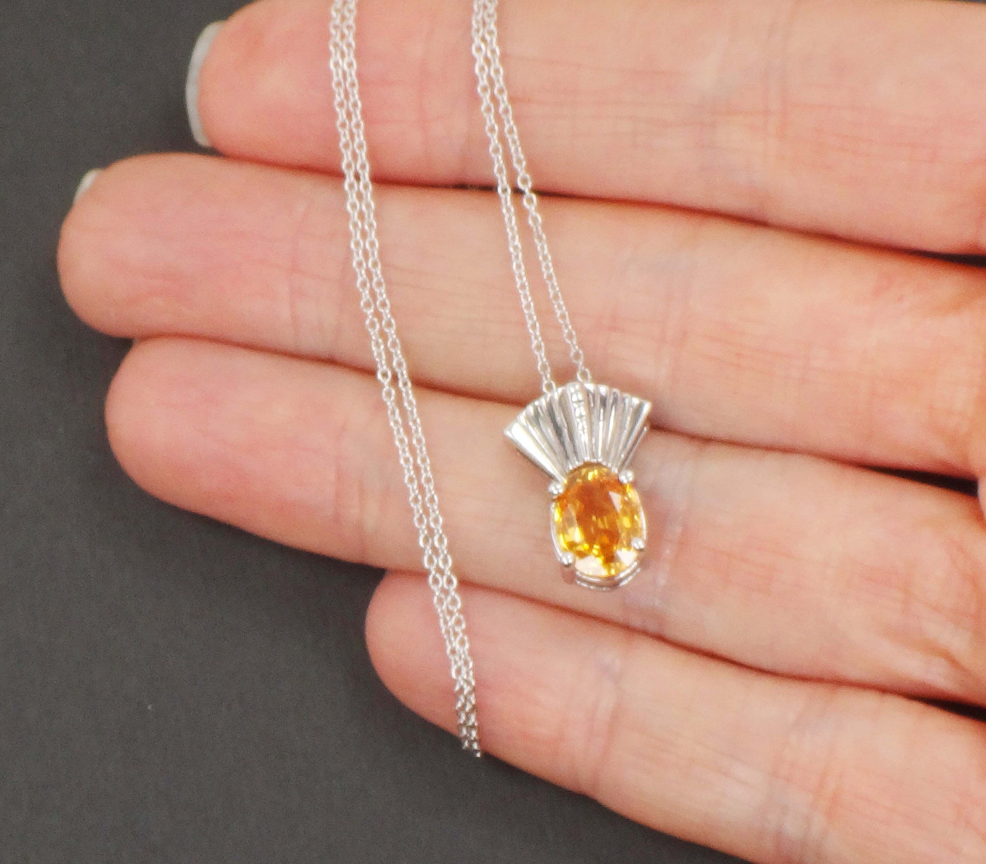 Vintage 14k White Gold Natural Golden Citrine Necklace 18" Chain - November Birthstone