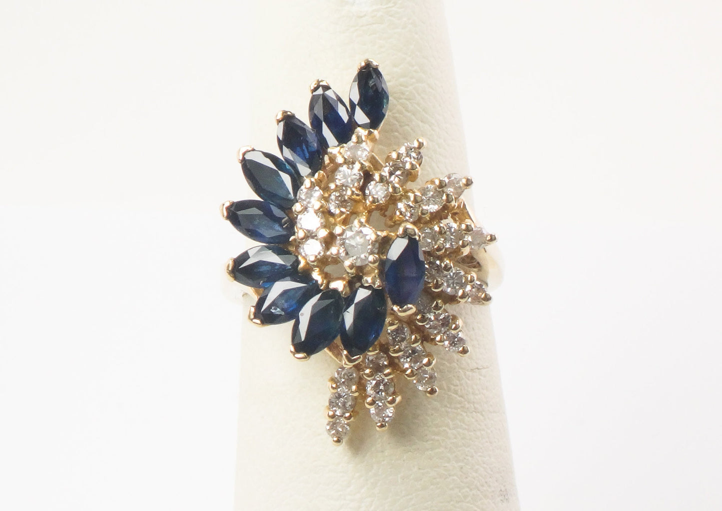 Vintage 14k Yellow Gold Blue Sapphire and Natural Diamond Swirl Ring Size 5