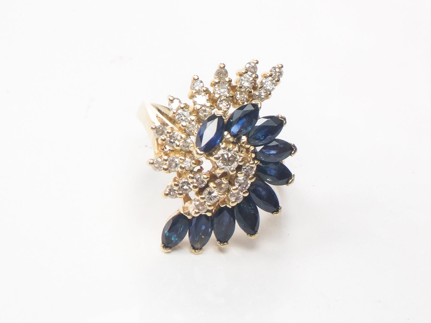 Vintage 14k Yellow Gold Blue Sapphire and Natural Diamond Swirl Ring Size 5