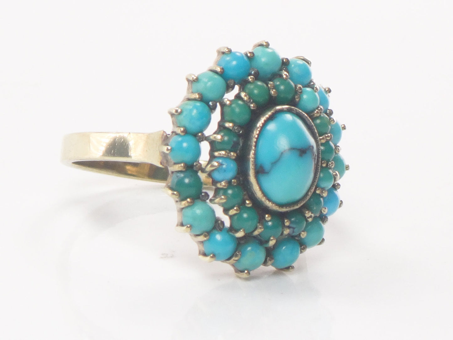 Vintage 10k Gold Turquoise Cluster Ring: Blue Green Oval Dome Style