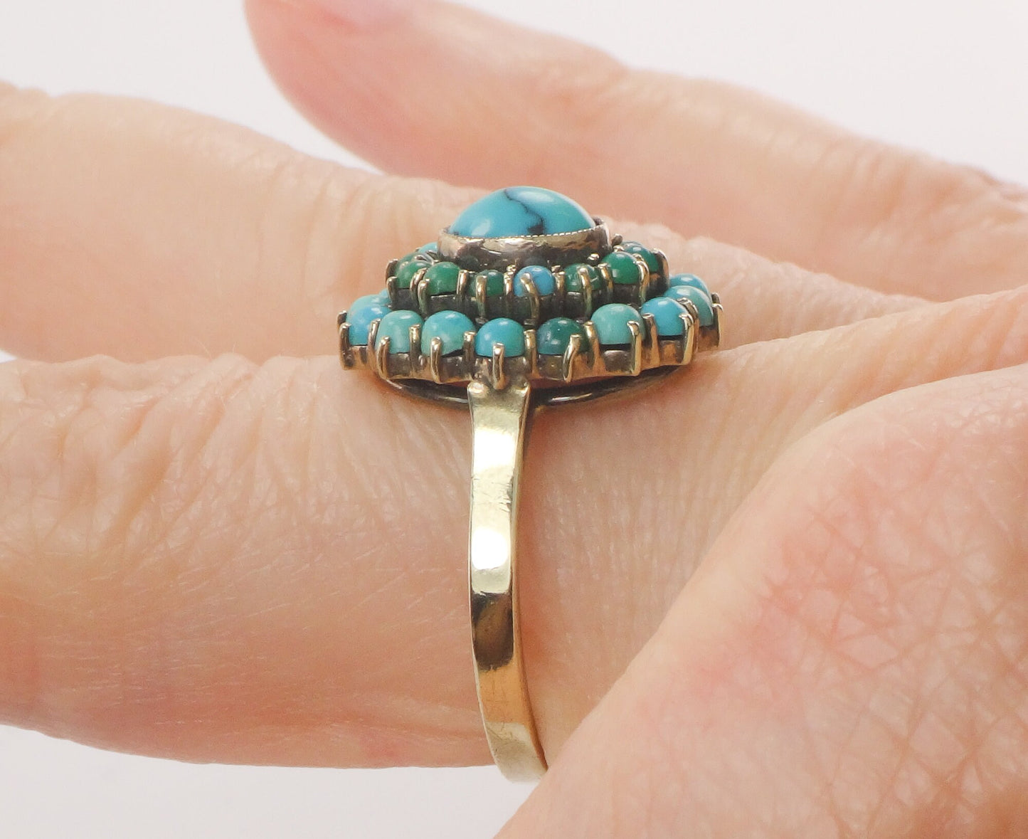 Vintage 10k Gold Turquoise Cluster Ring: Blue Green Oval Dome Style