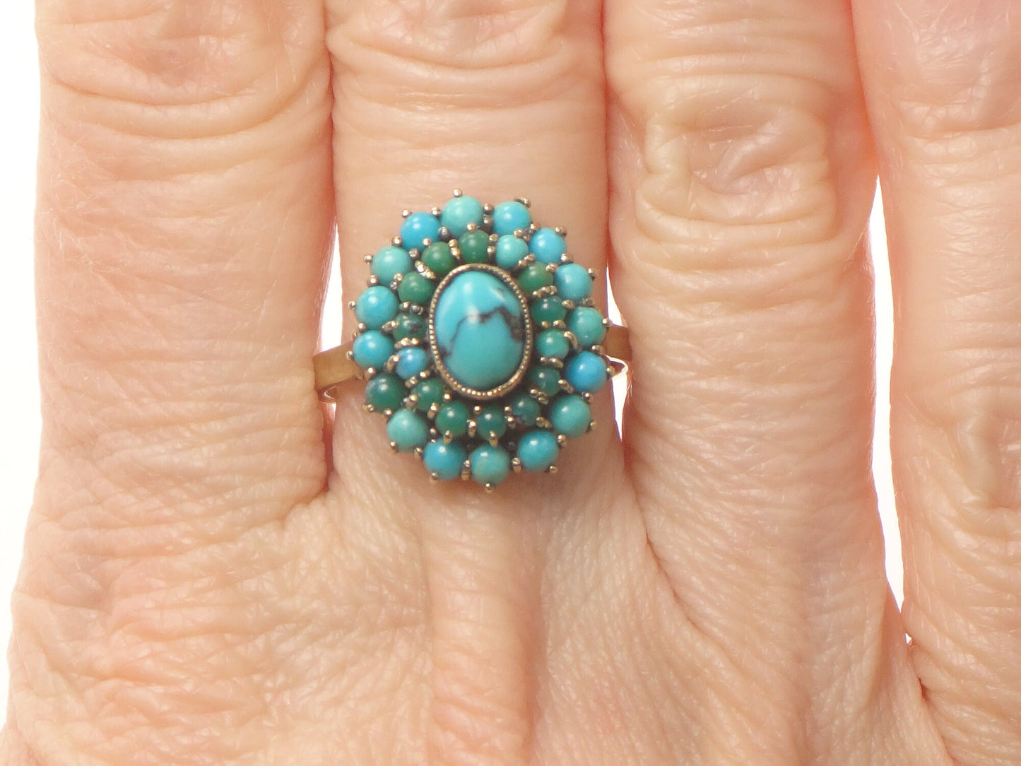 Vintage 10k Gold Turquoise Cluster Ring: Blue Green Oval Dome Style