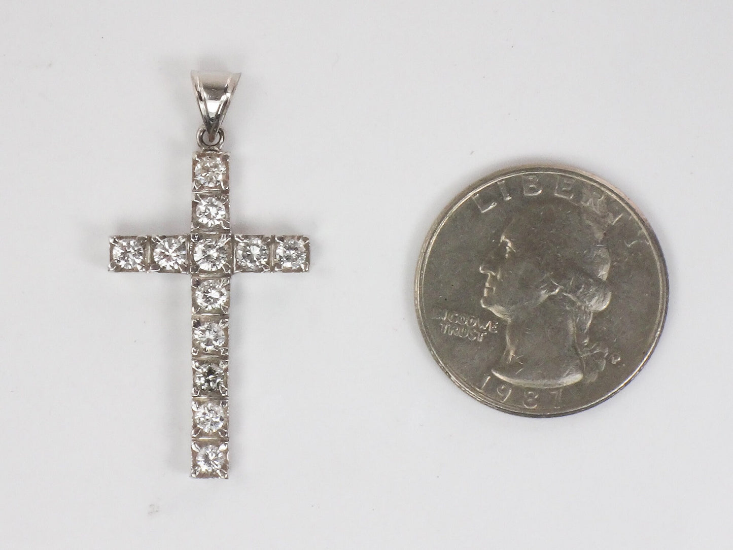 Vintage Large 14k White Gold Natural Diamond Cross Pendant, Approximately 1.2 CTS TDW Unisex Cross