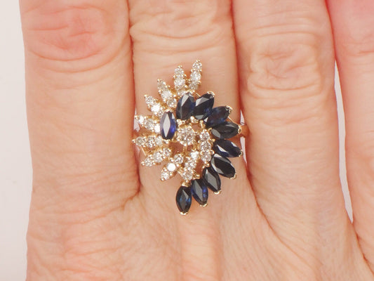 Vintage 14k Yellow Gold Blue Sapphire and Natural Diamond Swirl Ring Size 5