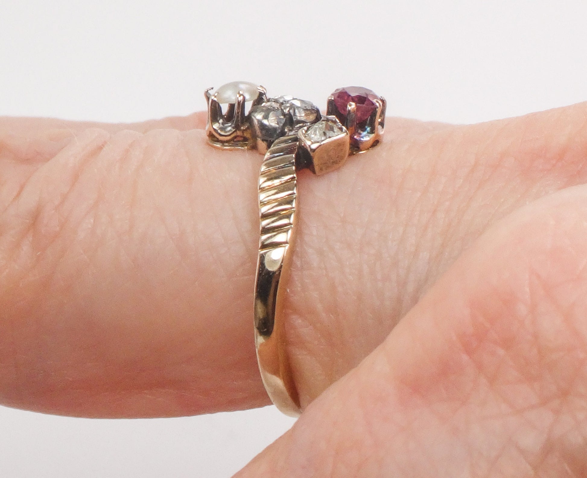 Antique 15k Gold Victorian Ring: Ruby, Pearl & Rose Cut Diamond