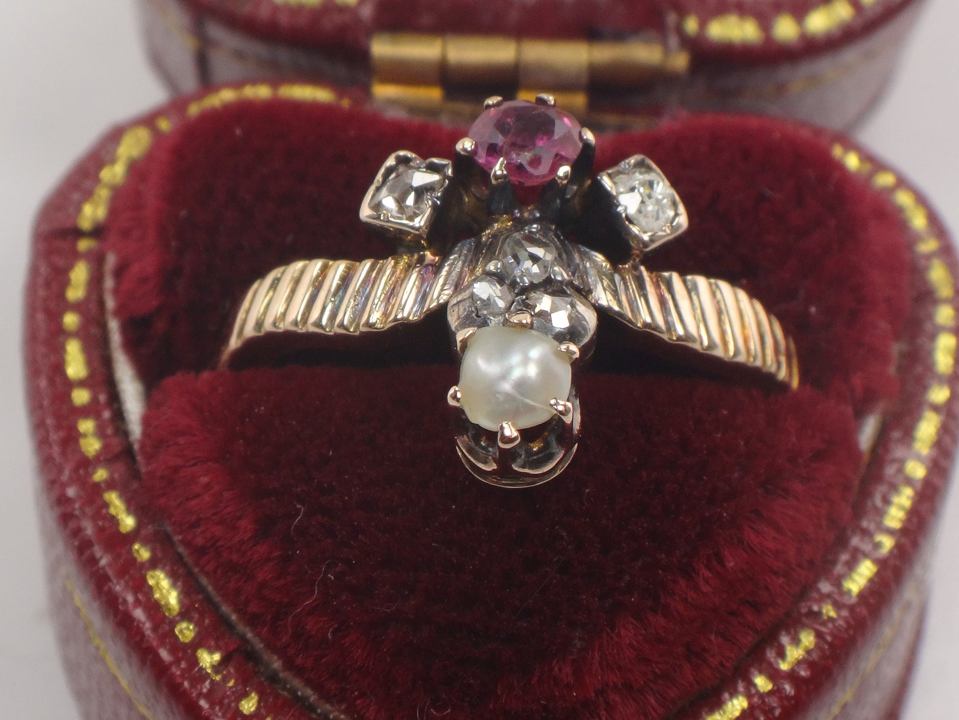 Antique 15k Gold Victorian Ring: Ruby, Pearl & Rose Cut Diamond