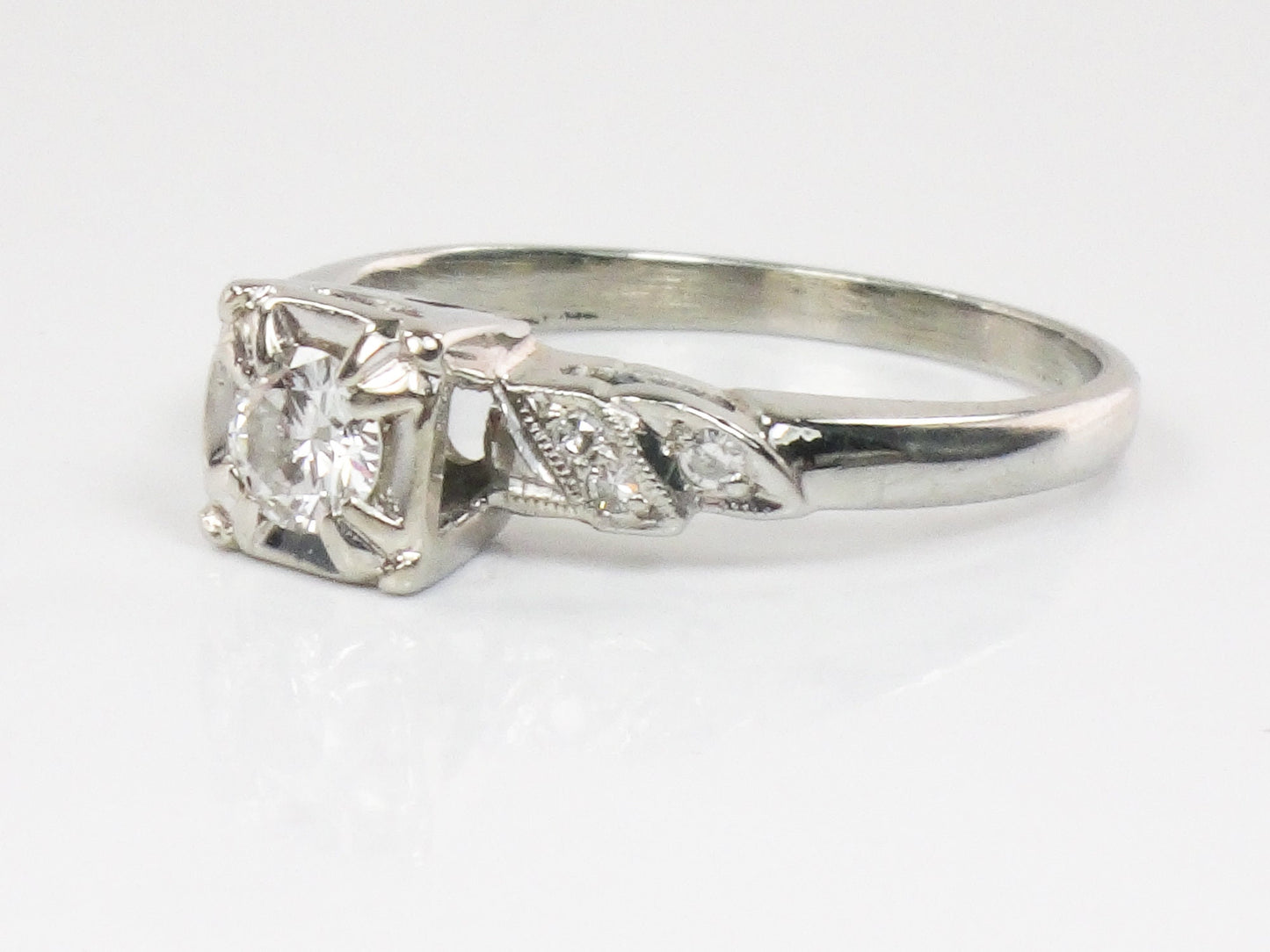 Vintage 18k Round Natural Diamond Engagement Ring .25 CTS Center 1960's White Gold Diamond Ring Size 6.75