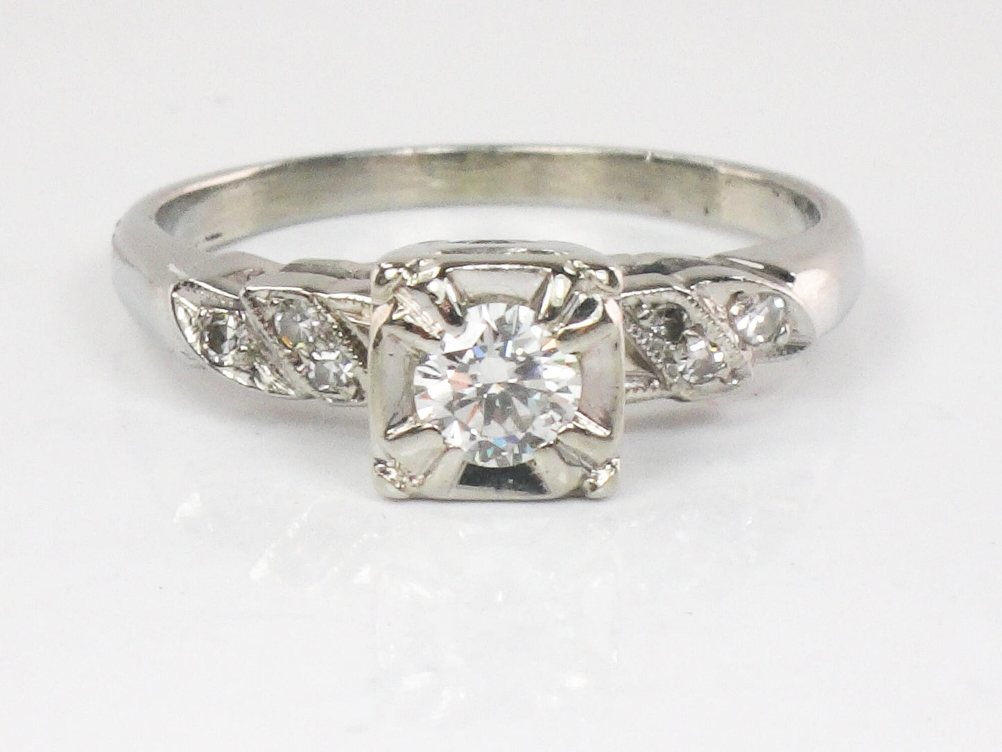 Vintage 18k Round Natural Diamond Engagement Ring .25 CTS Center 1960's White Gold Diamond Ring Size 6.75