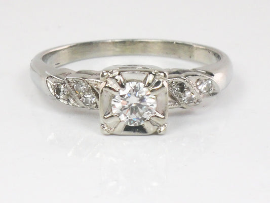 Vintage 18k Round Natural Diamond Engagement Ring .25 CTS Center 1960's White Gold Diamond Ring Size 6.75