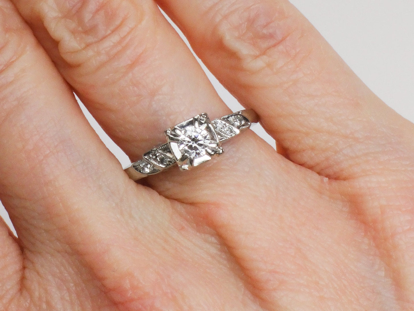 Vintage 18k Round Natural Diamond Engagement Ring .25 CTS Center 1960's White Gold Diamond Ring Size 6.75