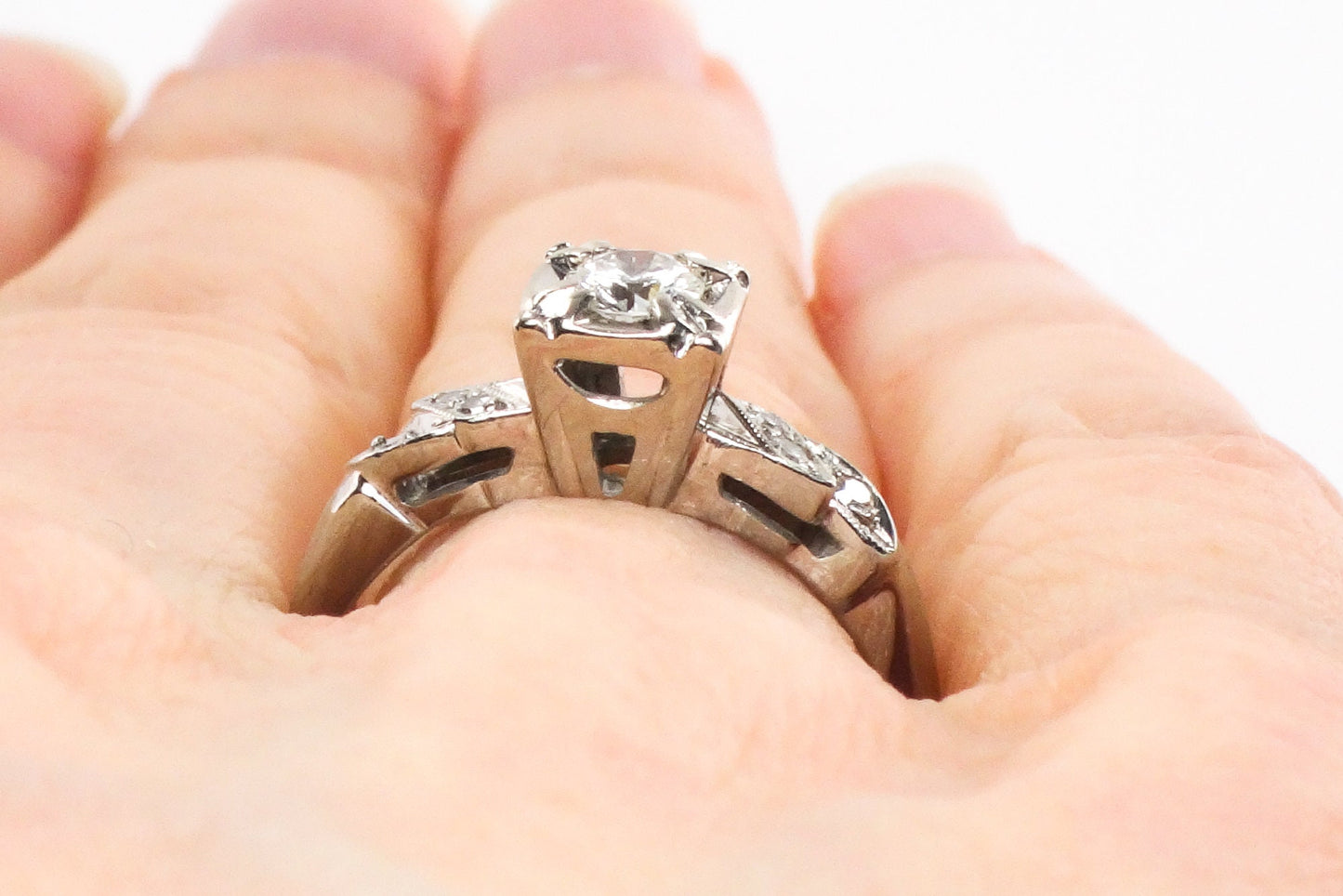 Vintage 18k Round Natural Diamond Engagement Ring .25 CTS Center 1960's White Gold Diamond Ring Size 6.75