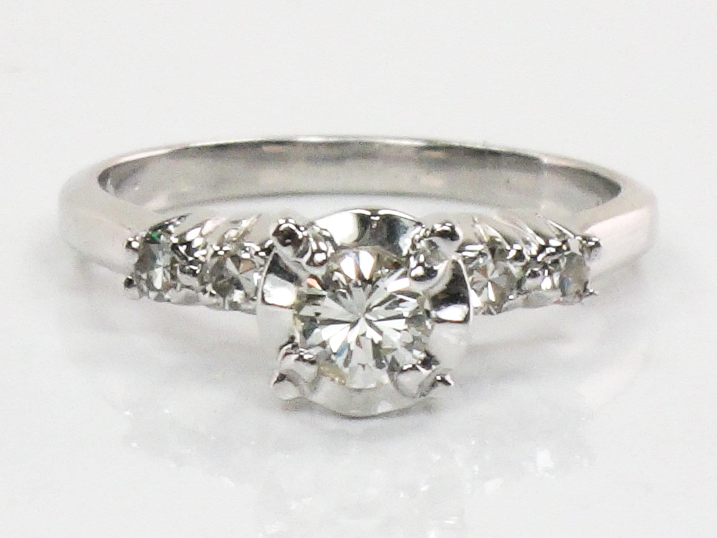 14k White Gold Natural Diamond Engagement Ring Vintage Round Brilliant Cut .25 Carat Center