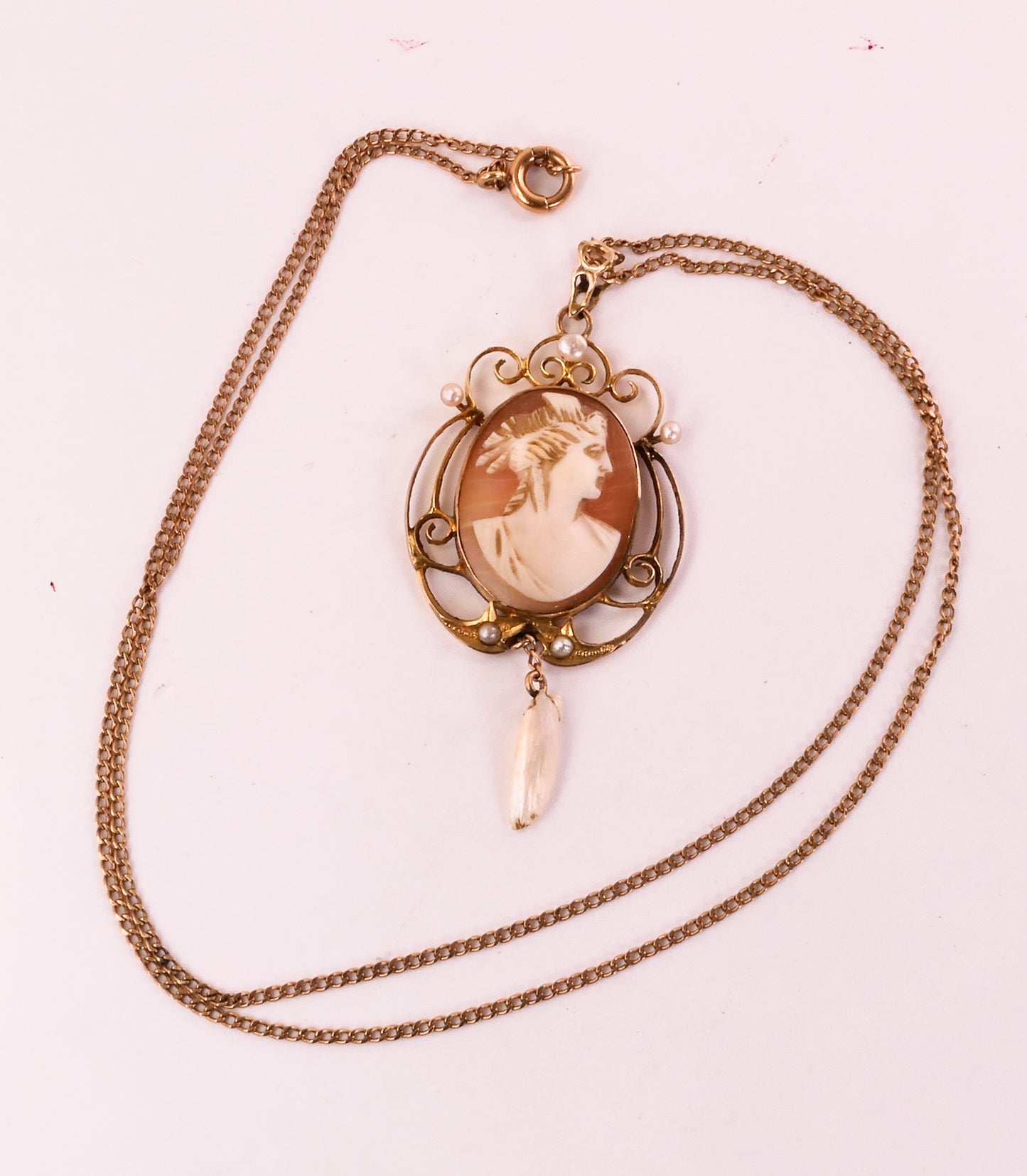 Antique Gold Cameo Lavalier Pendant Necklace with Seed and Tooth Pearls 10k & 14k Art Nouveau Necklace 18"