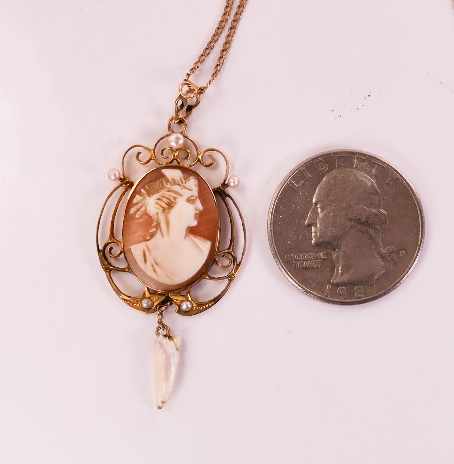 Antique Gold Cameo Lavalier Pendant Necklace with Seed and Tooth Pearls 10k & 14k Art Nouveau Necklace 18"