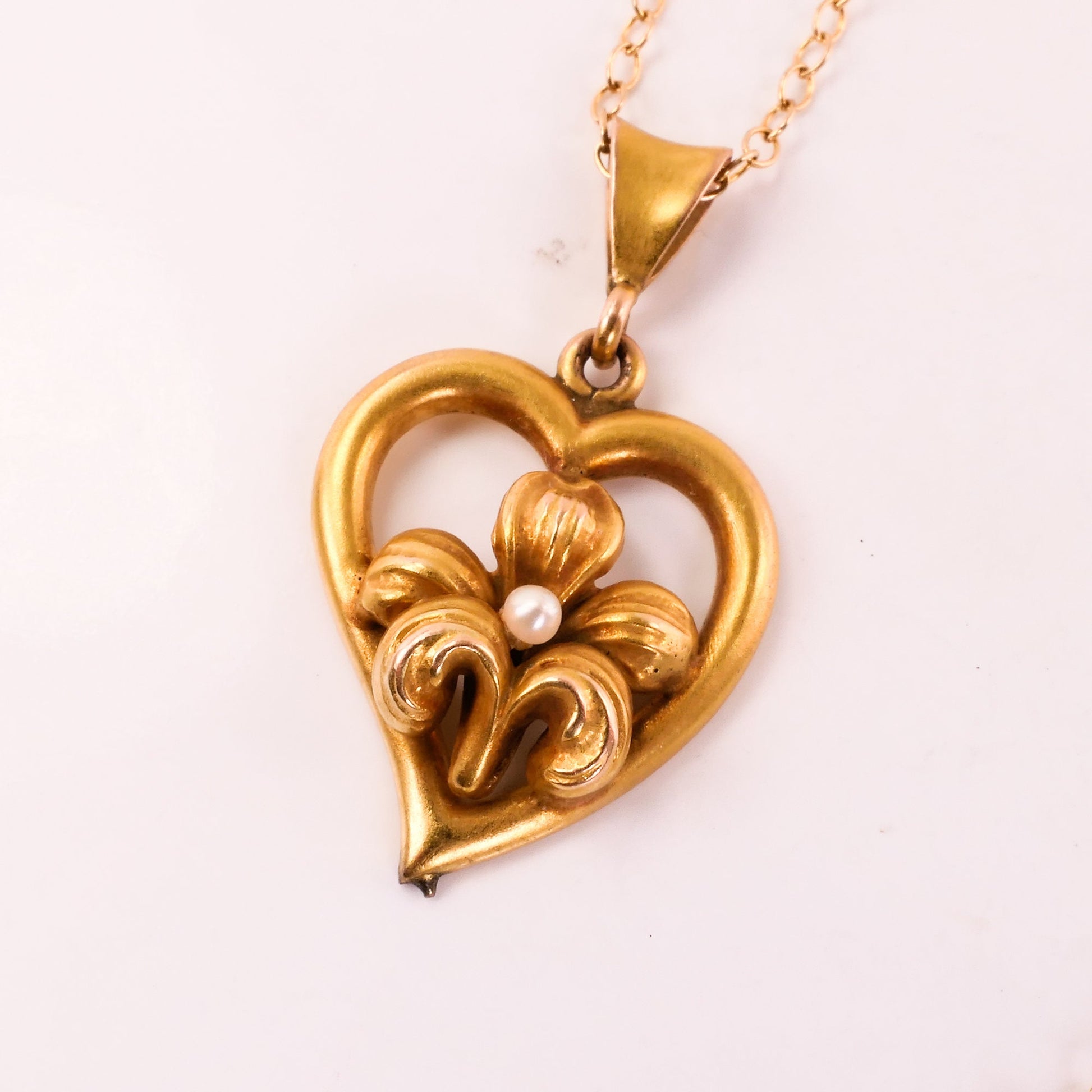 Vintage 14k Yellow Gold Floral Pearl Heart Pendant Necklace with Gold Filled Chain