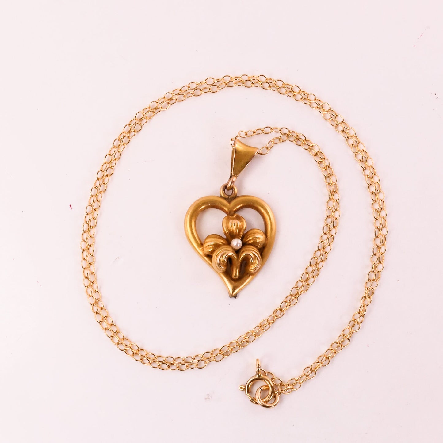 Vintage 14k Yellow Gold Floral Pearl Heart Pendant Necklace with Gold Filled Chain