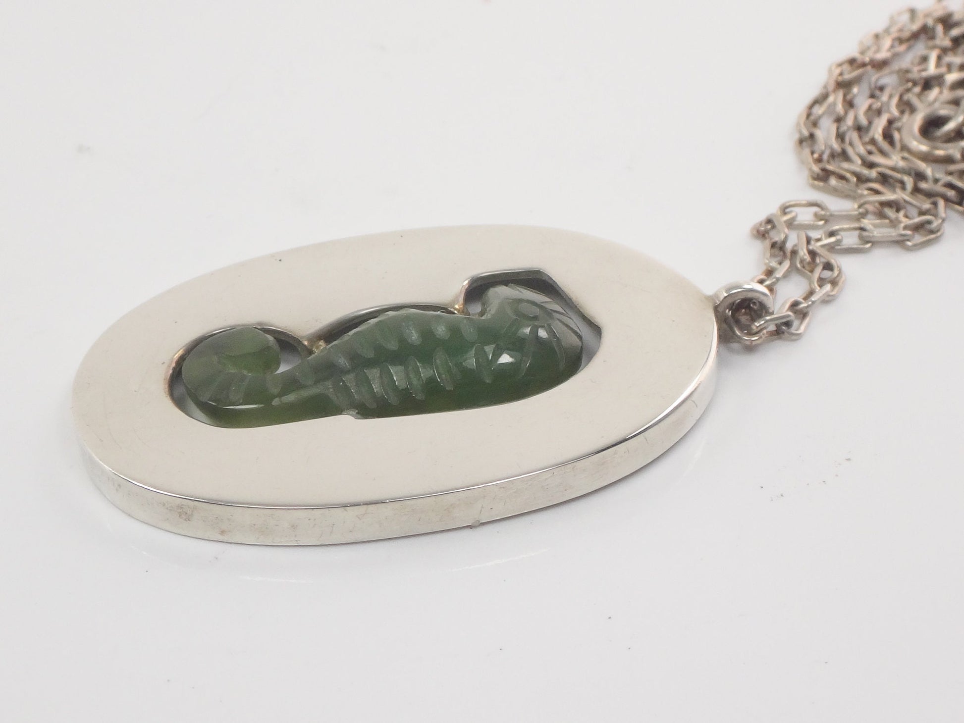 Vintage Large Sterling Silver Green Seahorse Pendant Necklace with Paperclip Chain, Carved Chrysoprase, 20.5"
