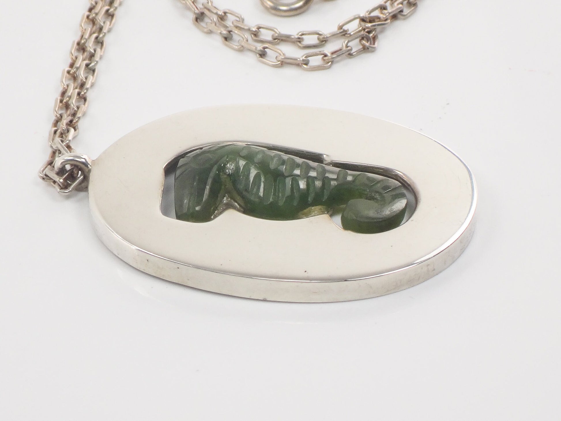 Vintage Large Sterling Silver Green Seahorse Pendant Necklace with Paperclip Chain, Carved Chrysoprase, 20.5"