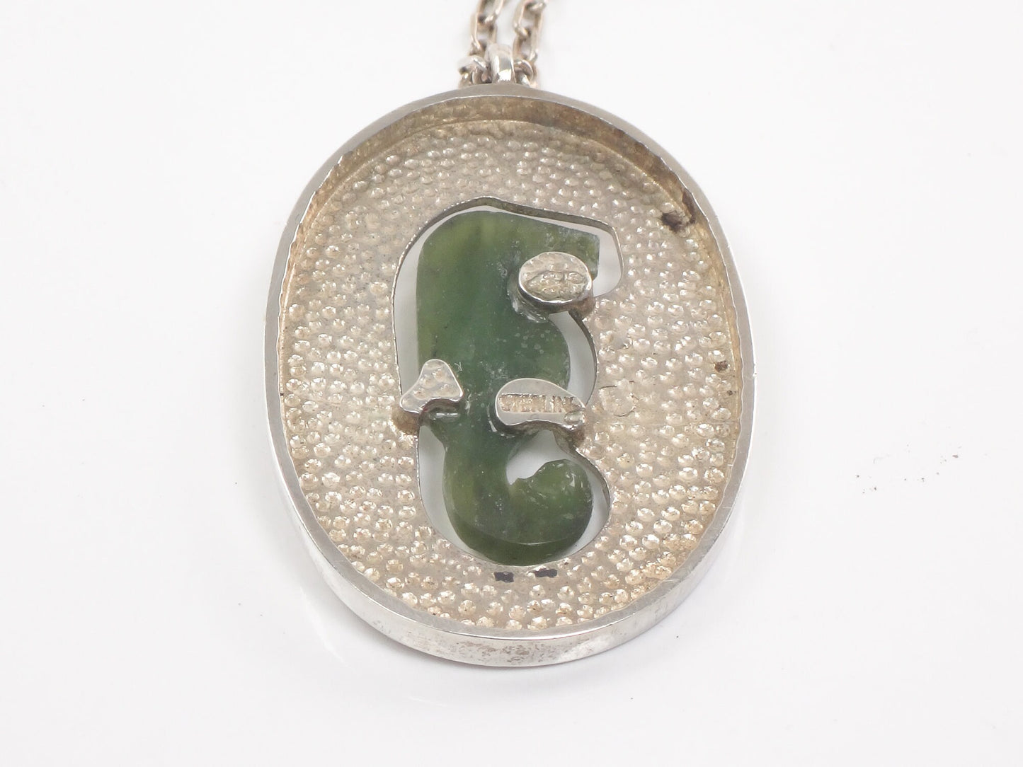 Vintage Large Sterling Silver Green Seahorse Pendant Necklace with Paperclip Chain, Carved Chrysoprase, 20.5"