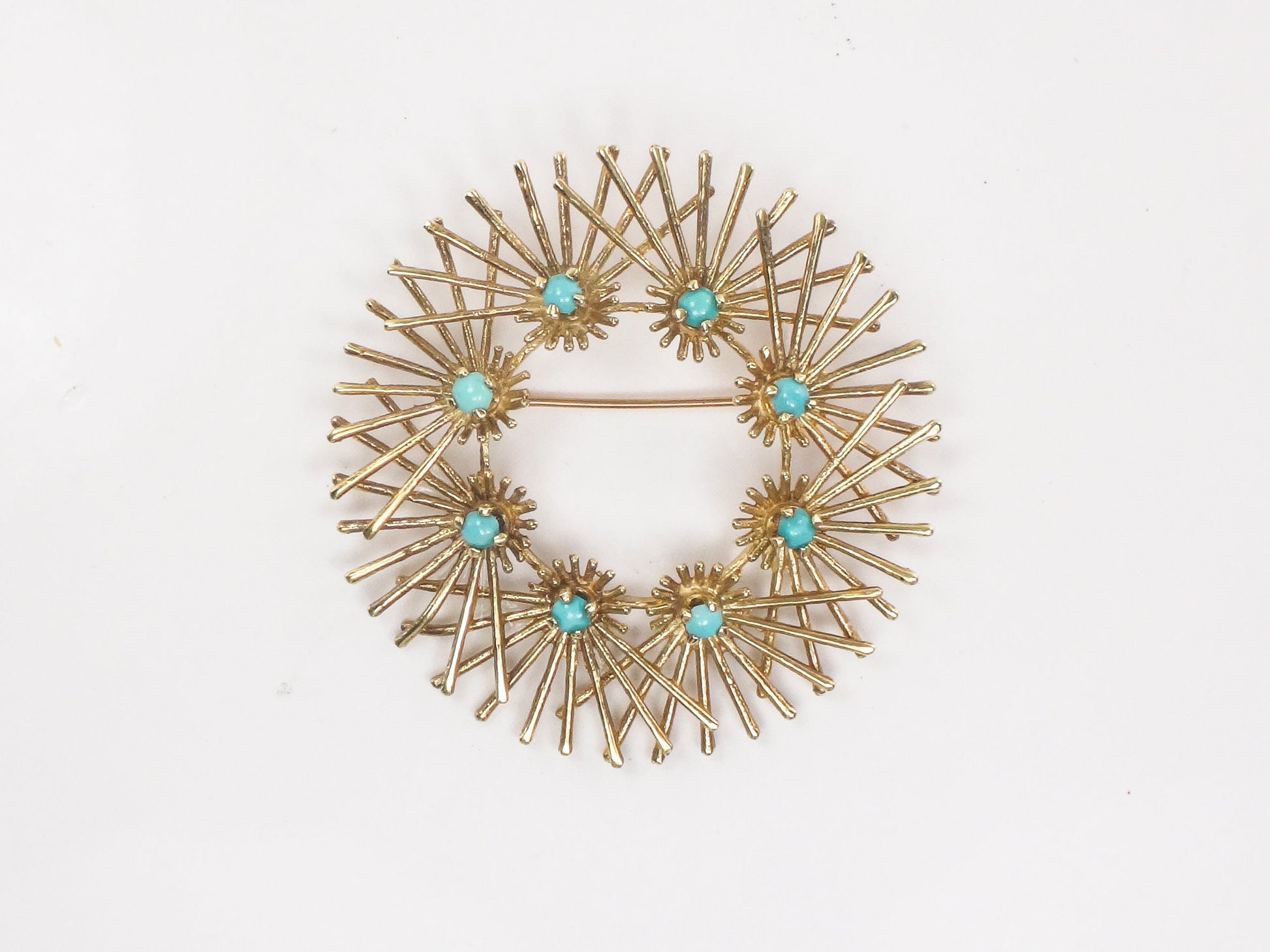 Large Solid 14k Yellow Gold Turquoise Circle Pin Vintage Mid-Century Gold Starburst Brooch
