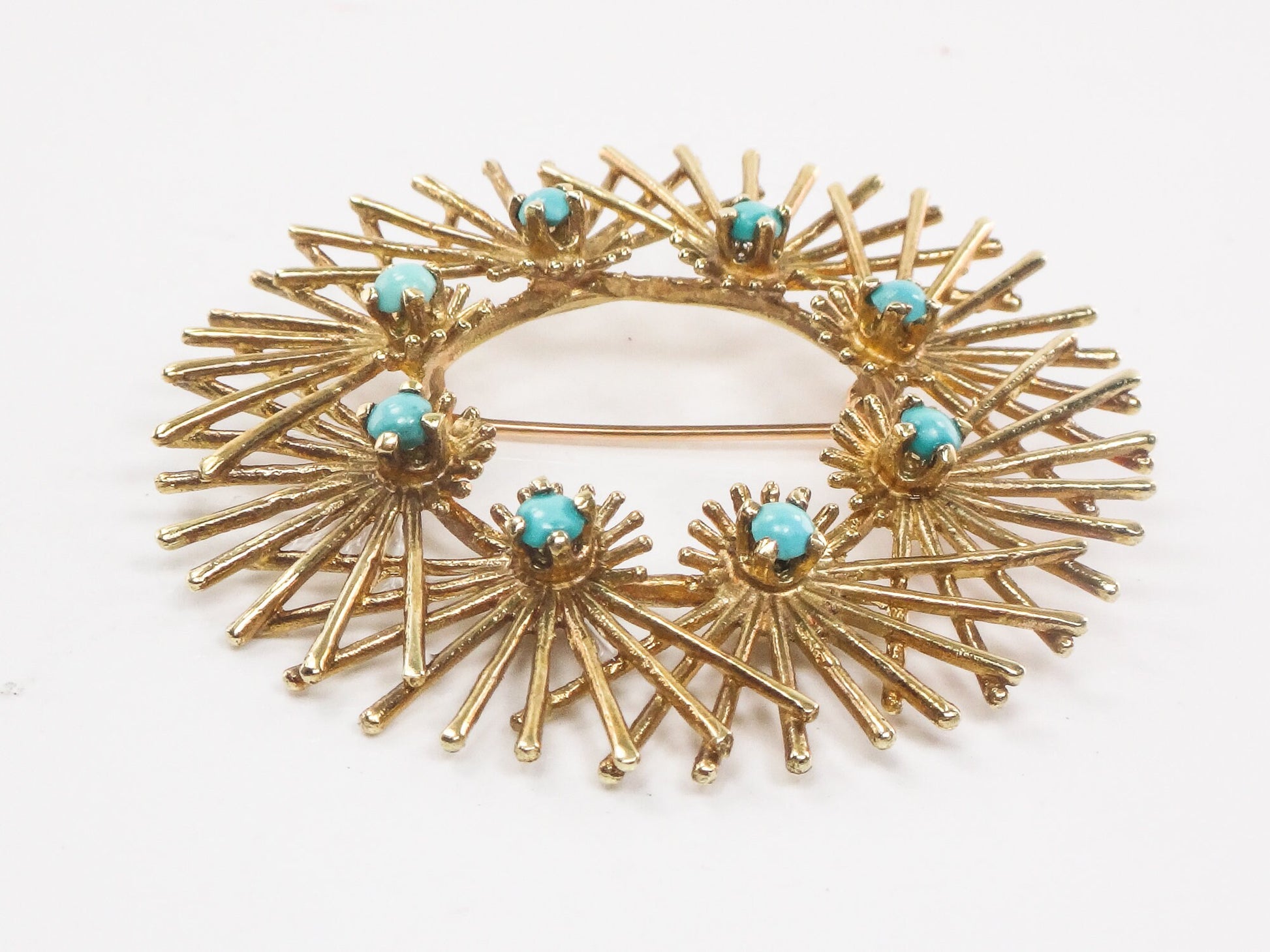 Large Solid 14k Yellow Gold Turquoise Circle Pin Vintage Mid-Century Gold Starburst Brooch