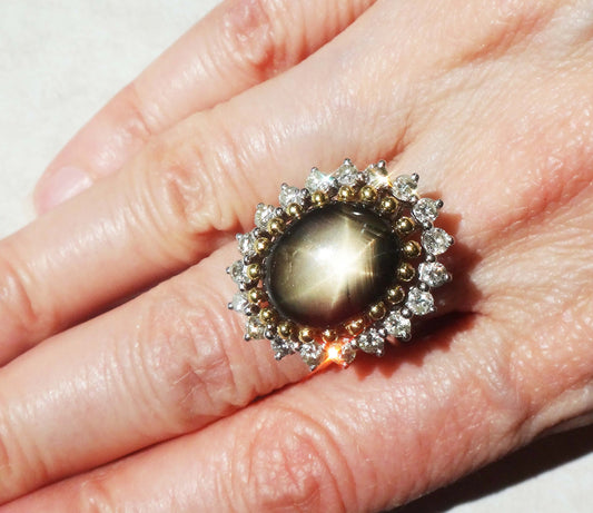 Vintage Black Star Sapphire Ring: Diamond Halo, 14k Two-Tone Gold, Size 5.25
