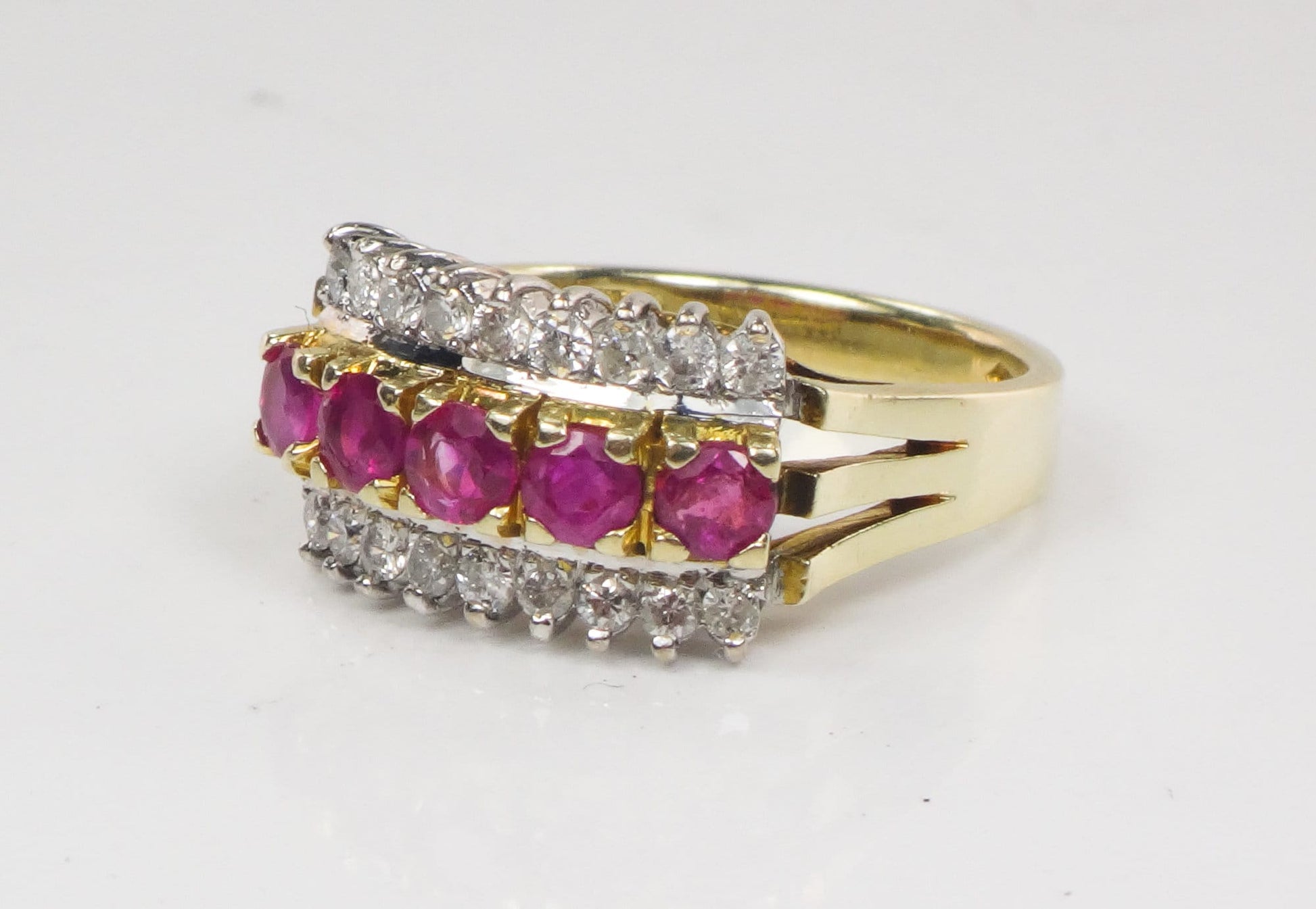 Vintage 14k Two Tone Gold Ruby Diamond Ring - Retro Wide Band