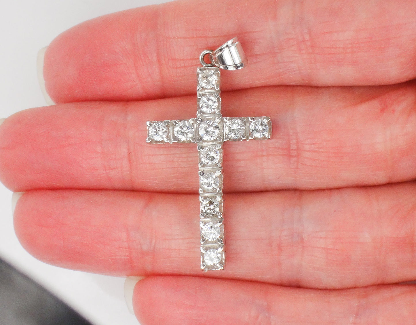 Vintage Large 14k White Gold Natural Diamond Cross Pendant, Approximately 1.2 CTS TDW Unisex Cross