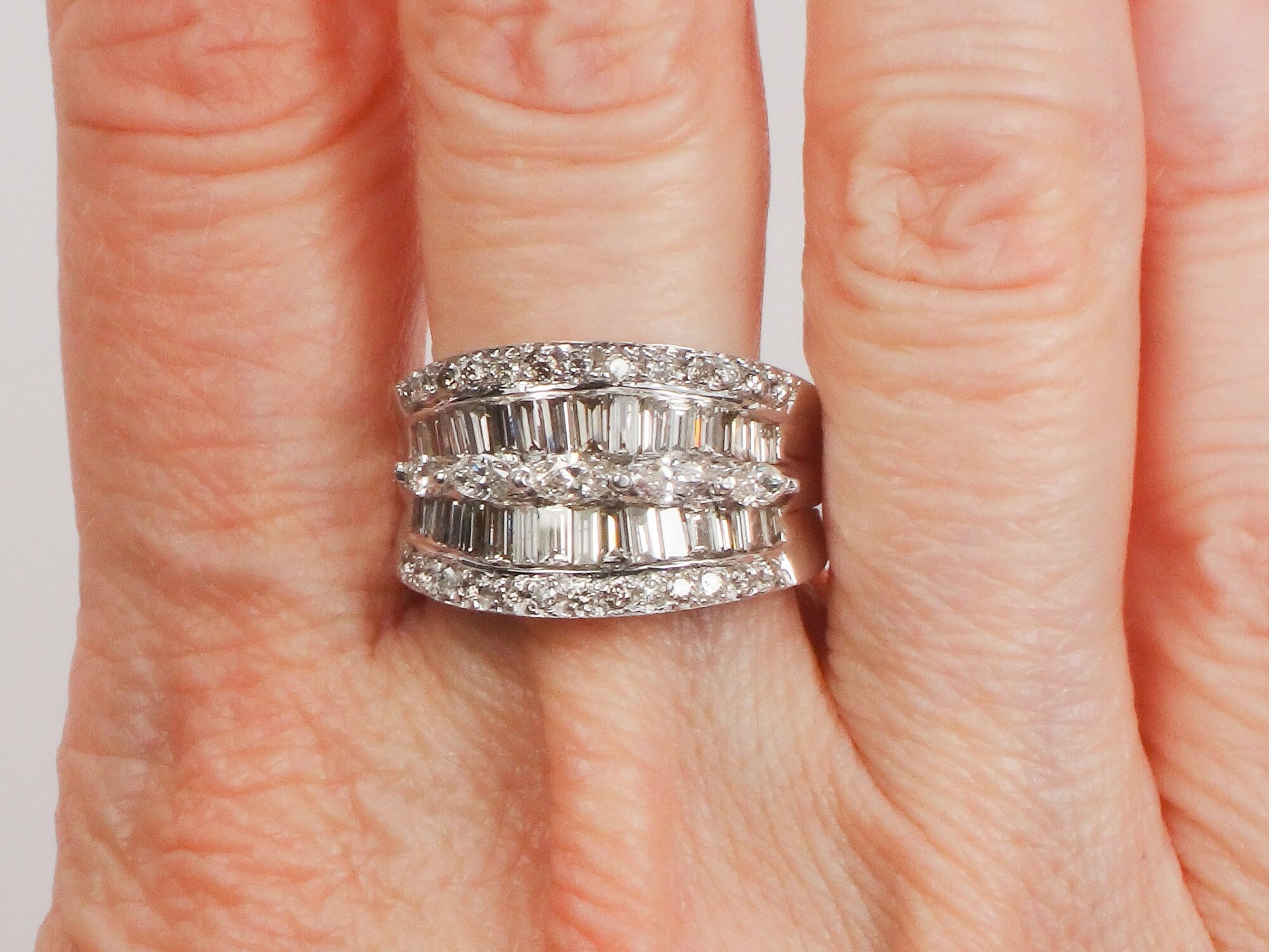 Vintage 14k White Gold Wide Natural Diamond Band with Marquise Baguette and Round Cuts Anniversary Ring 2 Carat TDW Size 6.75