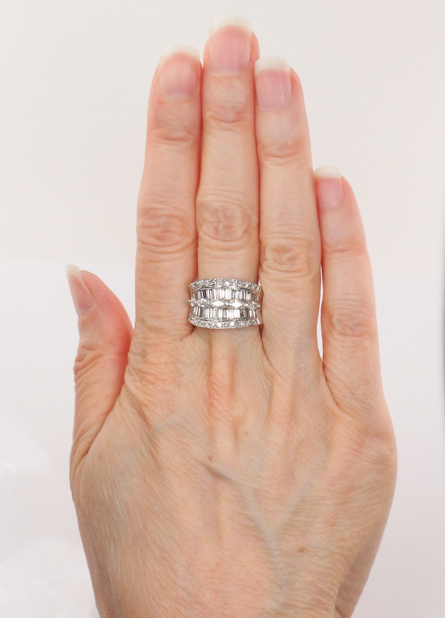 Vintage 14k White Gold Wide Natural Diamond Band with Marquise Baguette and Round Cuts Anniversary Ring 2 Carat TDW Size 6.75