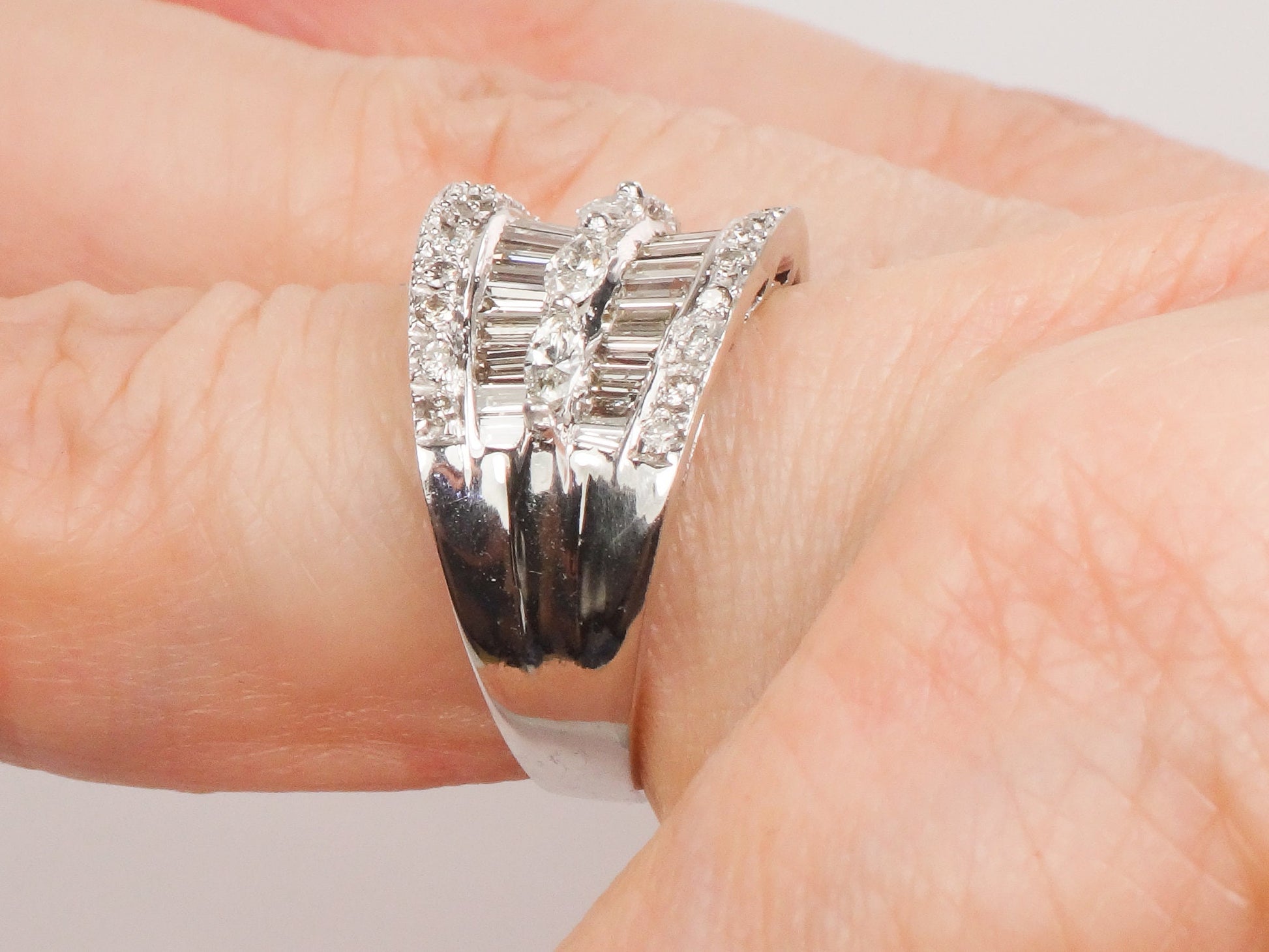 Vintage 14k White Gold Wide Natural Diamond Band with Marquise Baguette and Round Cuts Anniversary Ring 2 Carat TDW Size 6.75