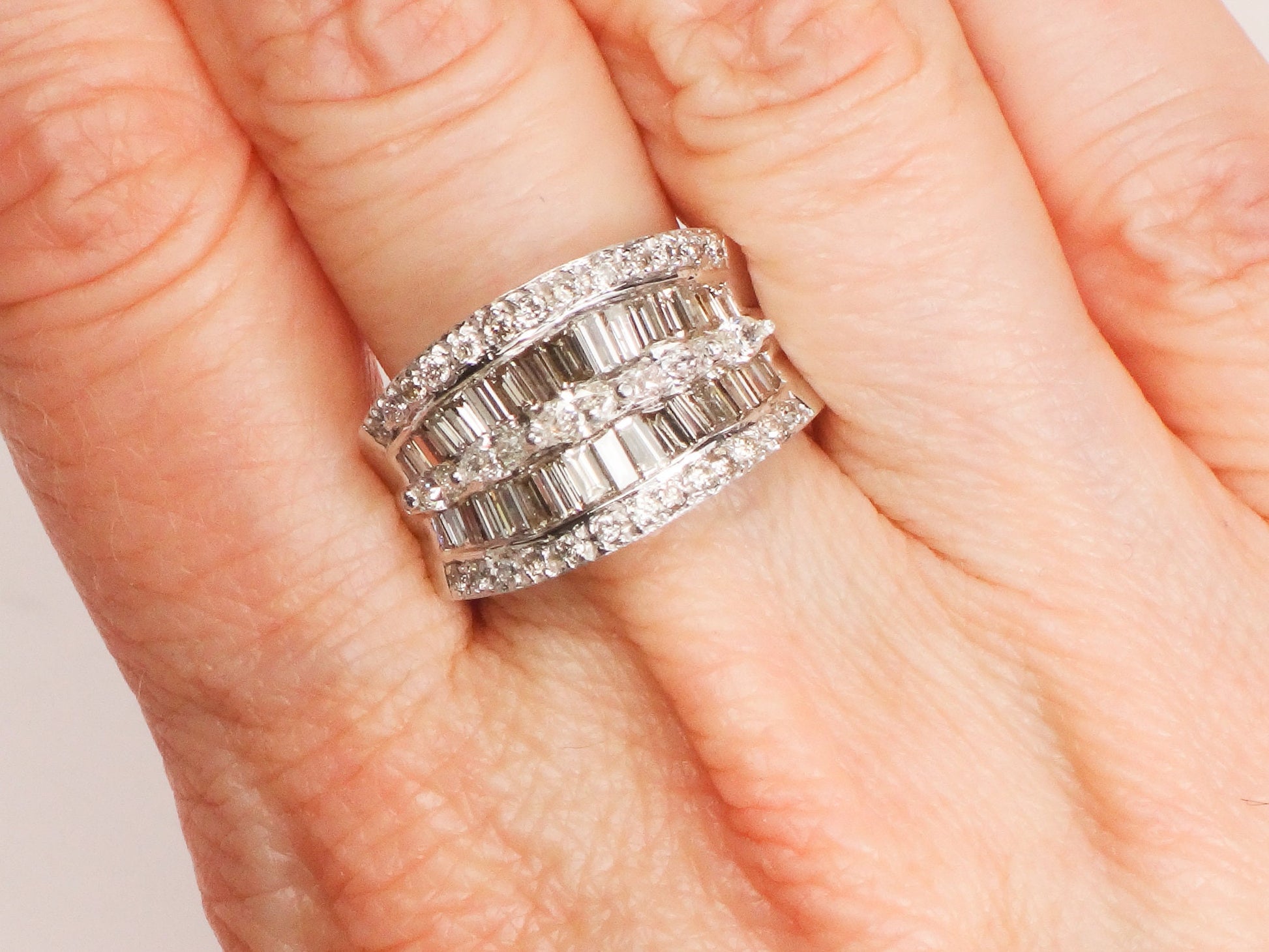 Vintage 14k White Gold Wide Natural Diamond Band with Marquise Baguette and Round Cuts Anniversary Ring 2 Carat TDW Size 6.75