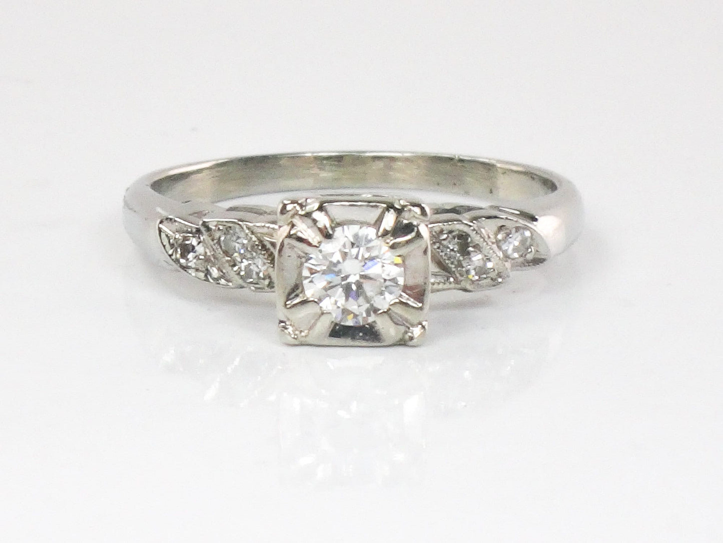 Vintage 18k Round Natural Diamond Engagement Ring .25 CTS Center 1960's White Gold Diamond Ring Size 6.75