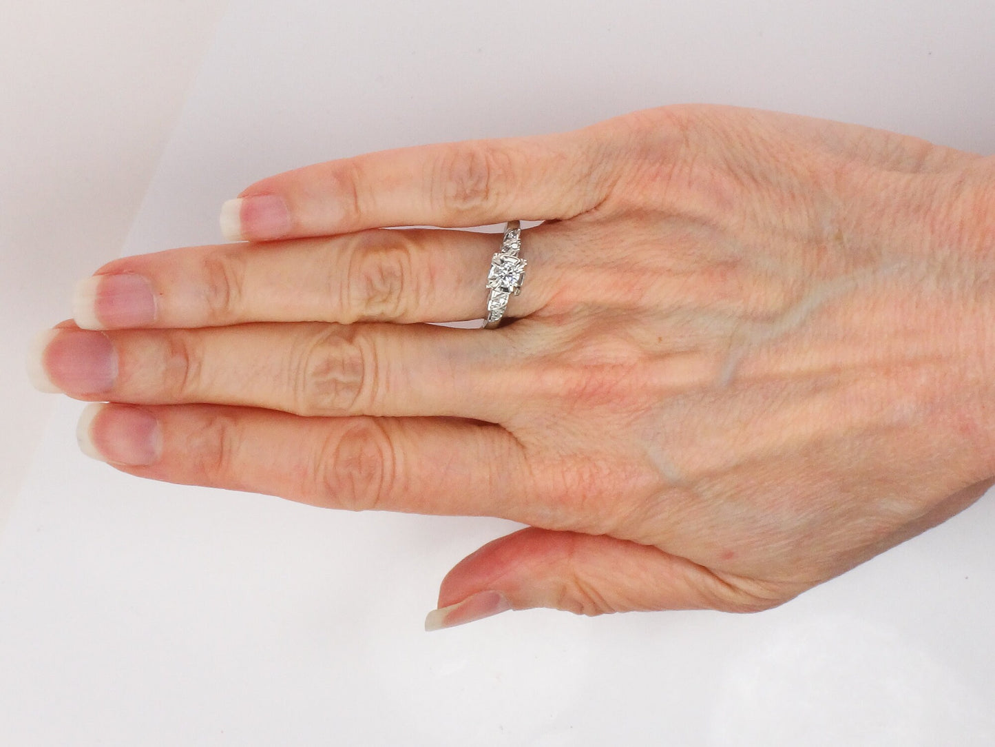 Vintage 18k Round Natural Diamond Engagement Ring .25 CTS Center 1960's White Gold Diamond Ring Size 6.75