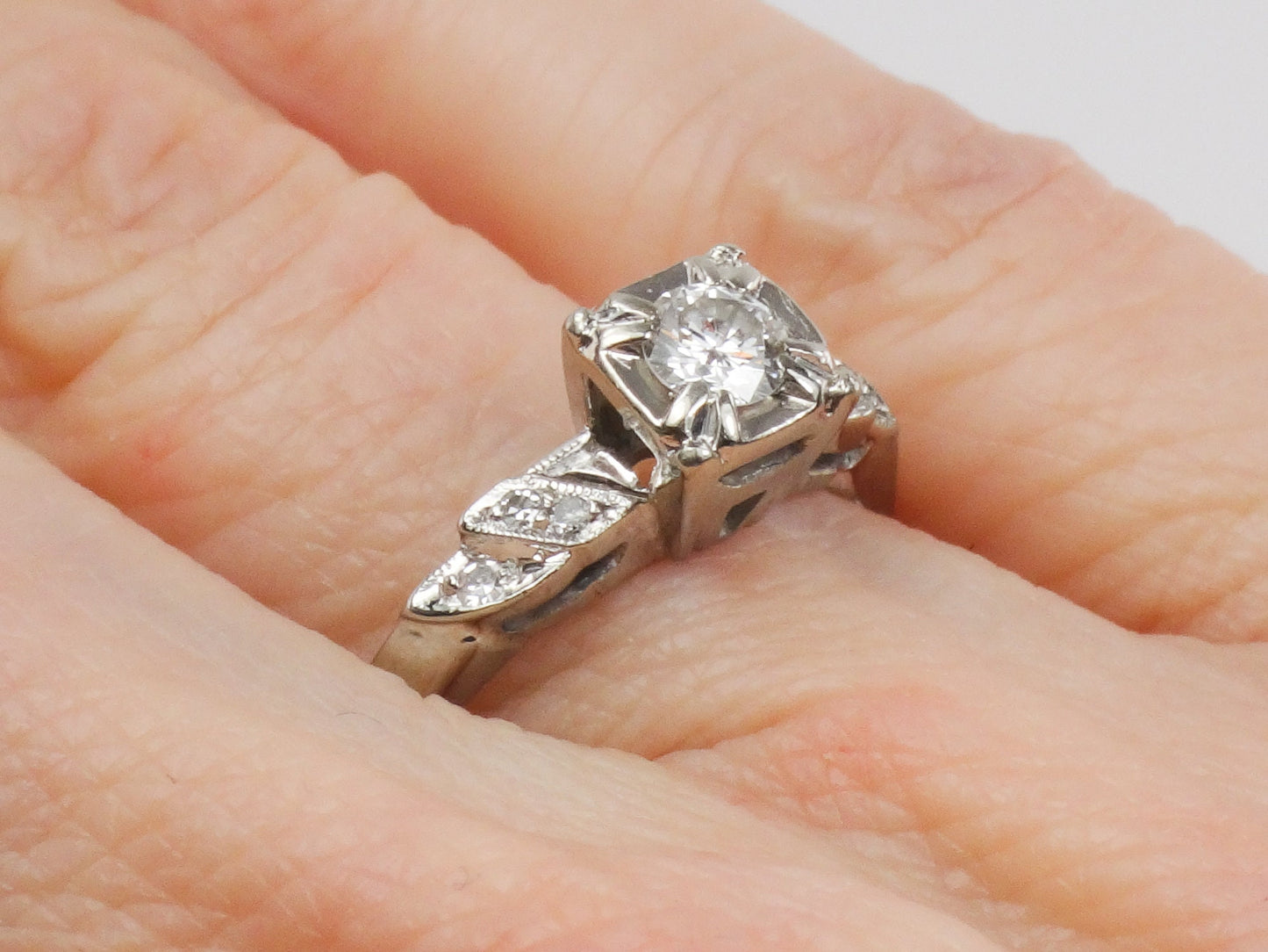 Vintage 18k Round Natural Diamond Engagement Ring .25 CTS Center 1960's White Gold Diamond Ring Size 6.75