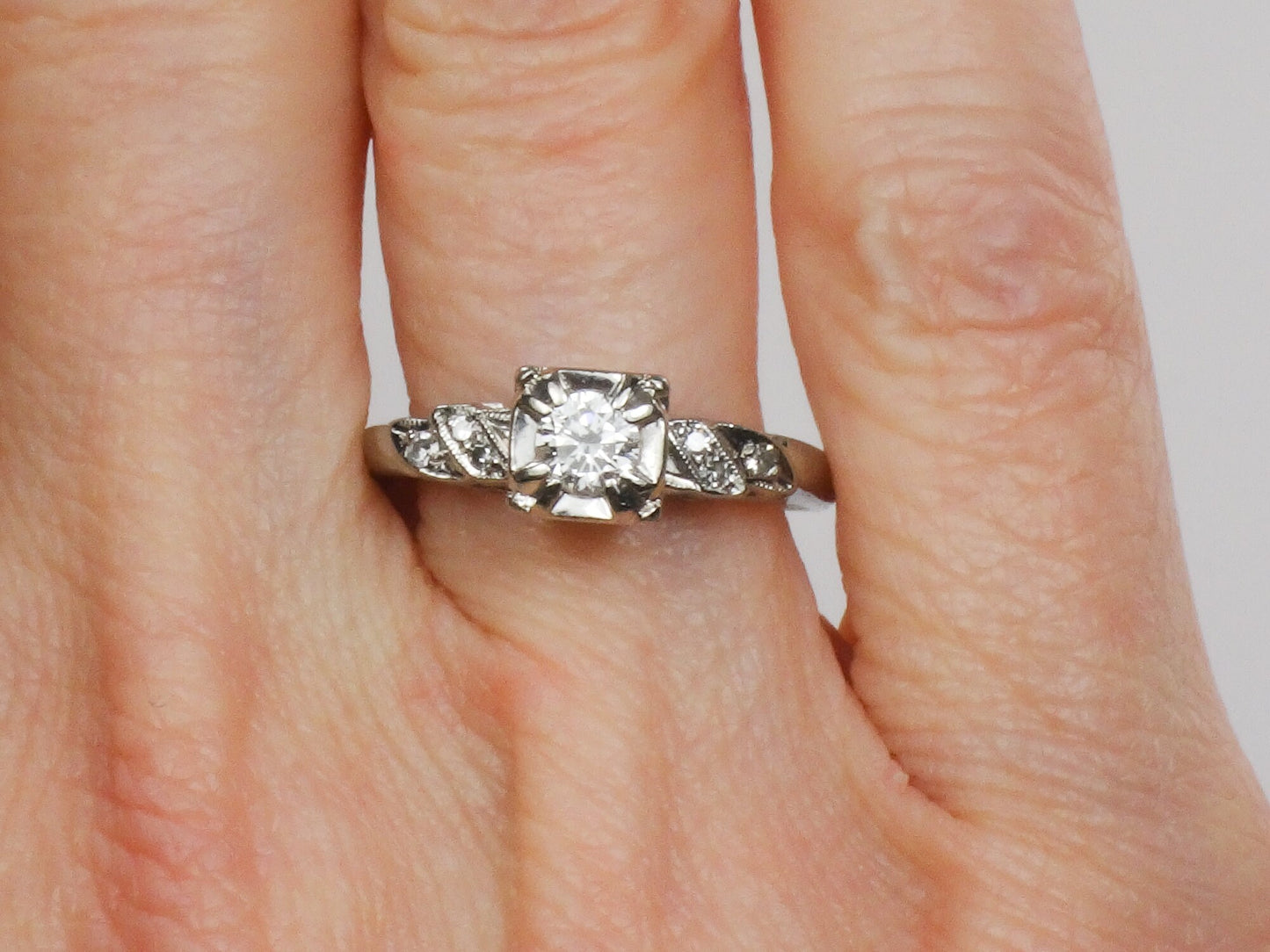 Vintage 18k Round Natural Diamond Engagement Ring .25 CTS Center 1960's White Gold Diamond Ring Size 6.75