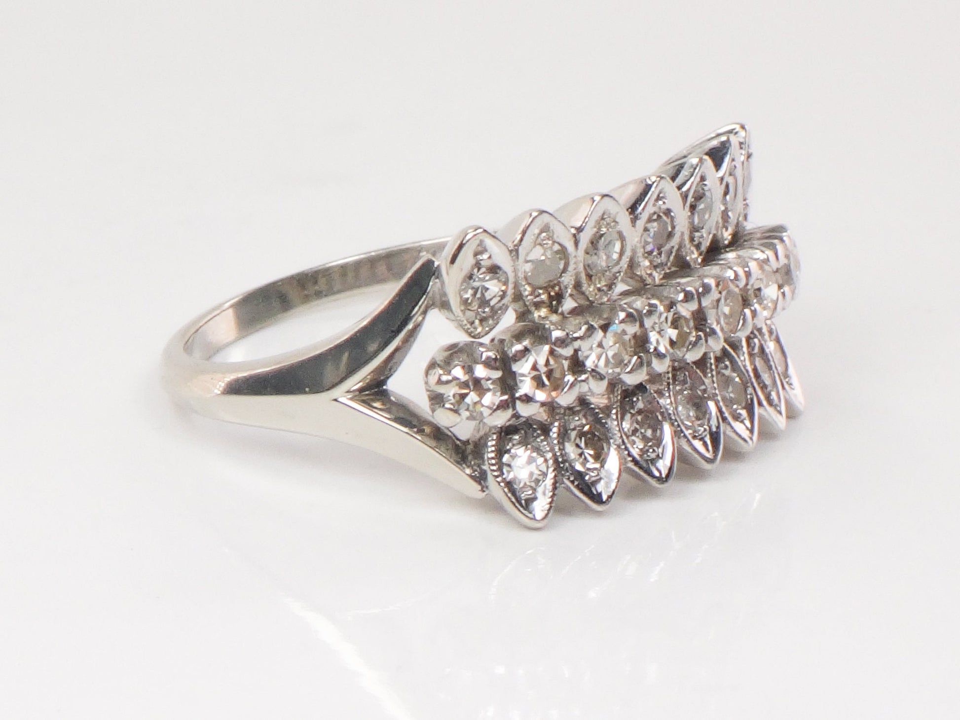 Vintage 14k White Gold Diamond Wedding Band Ring (Three Row Design, Size 7)