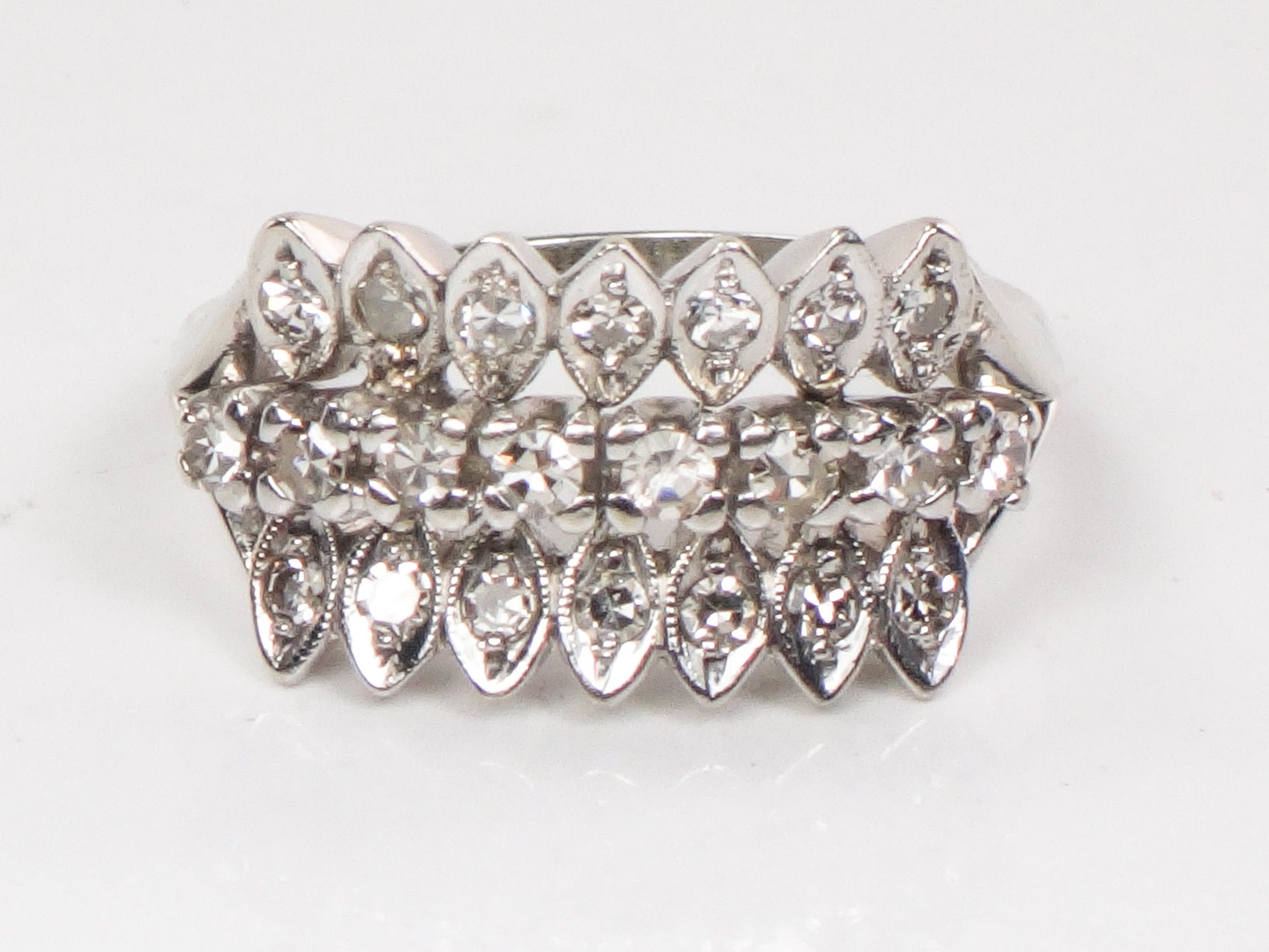 Vintage 14k White Gold Diamond Wedding Band Ring (Three Row Design, Size 7)