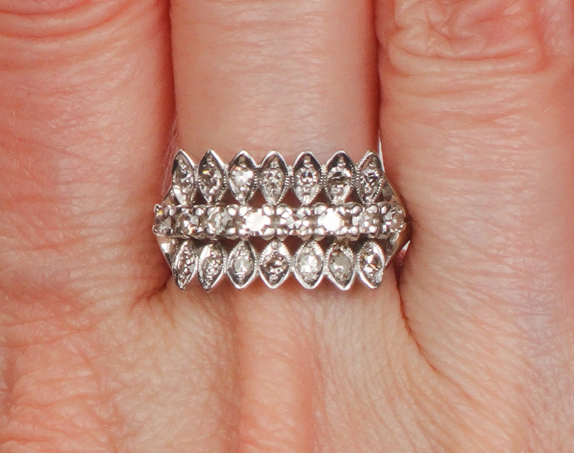 Vintage 14k White Gold Diamond Wedding Band Ring (Three Row Design, Size 7)