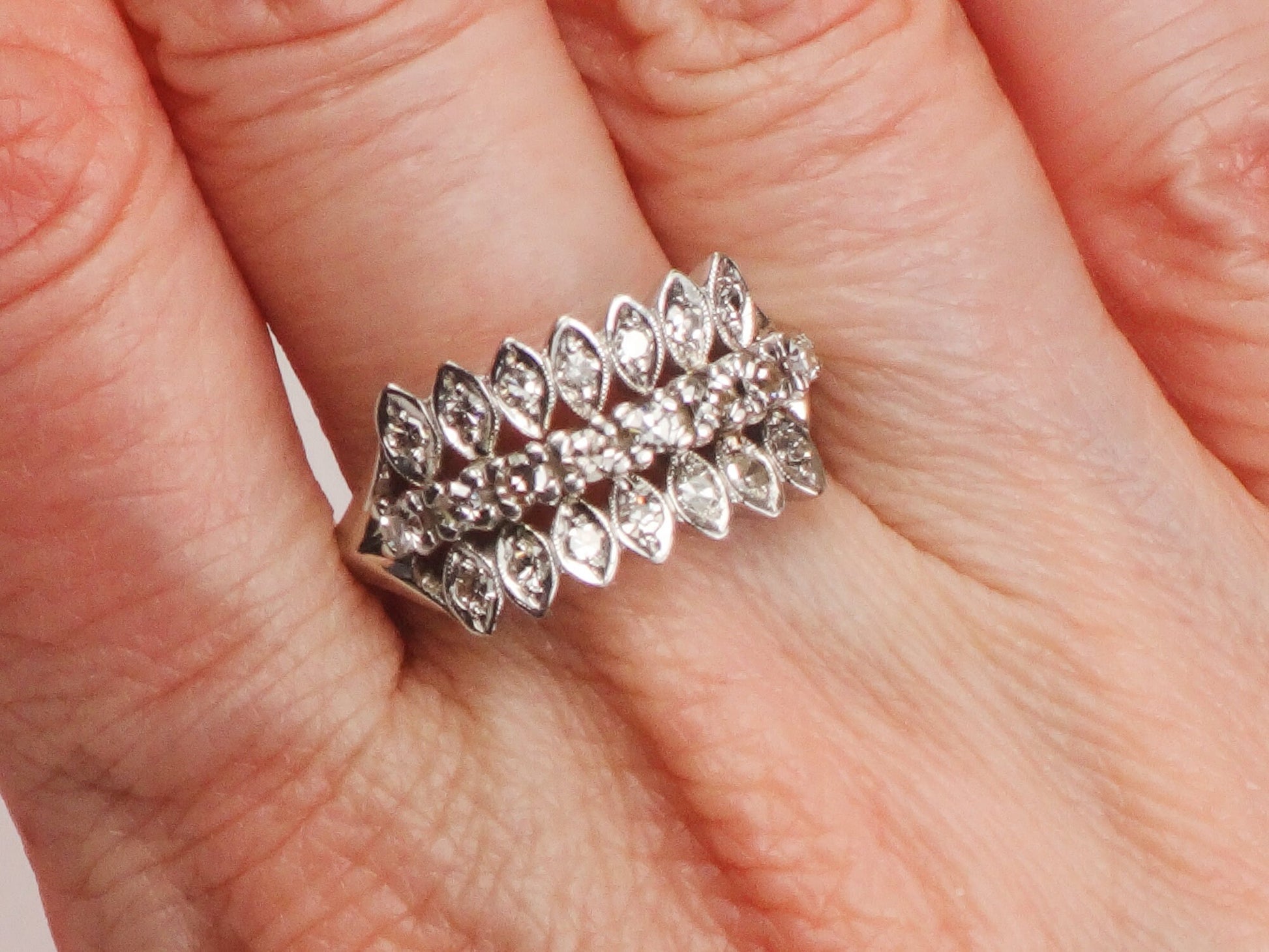 Vintage 14k White Gold Diamond Wedding Band Ring (Three Row Design, Size 7)