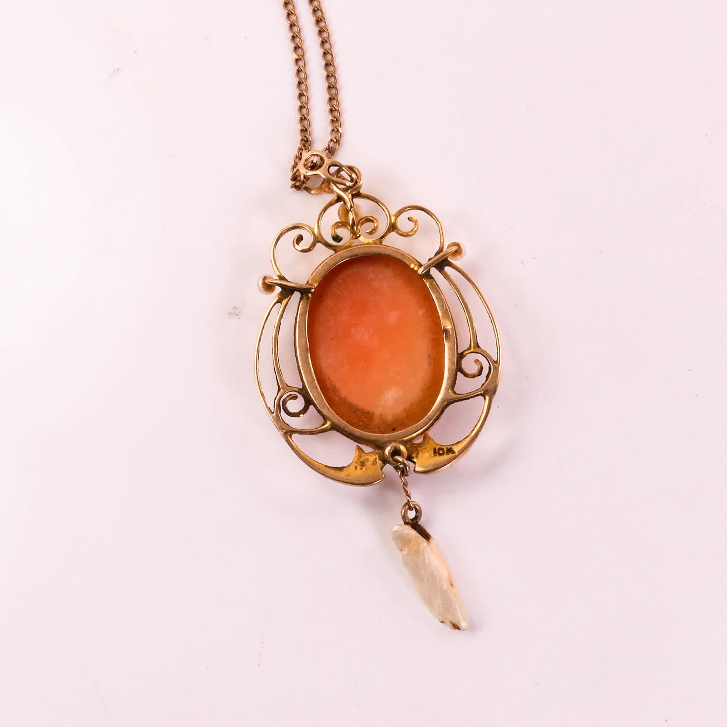 Antique Gold Cameo Lavalier Pendant Necklace with Seed and Tooth Pearls 10k & 14k Art Nouveau Necklace 18"