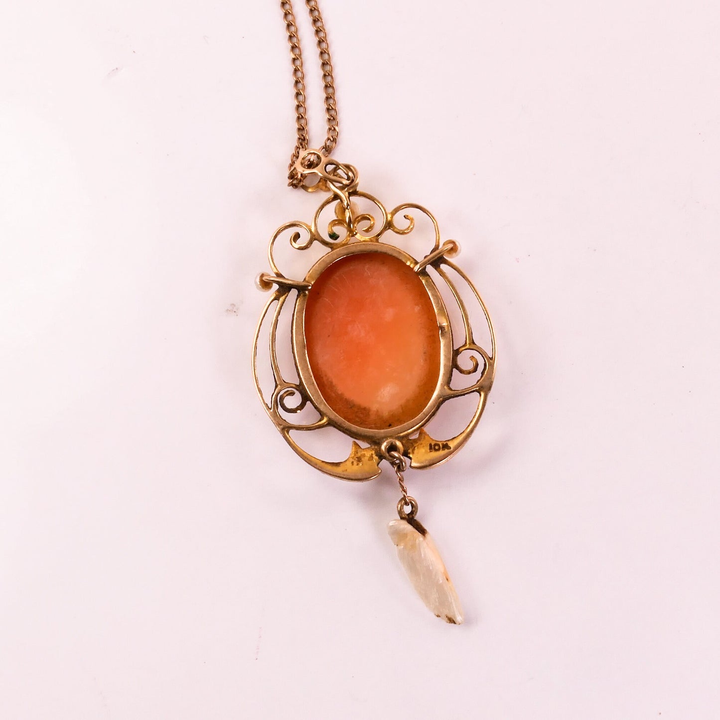 Antique 10k Gold Cameo Lavalier Necklace: Art Nouveau Seed Pearl Pendant