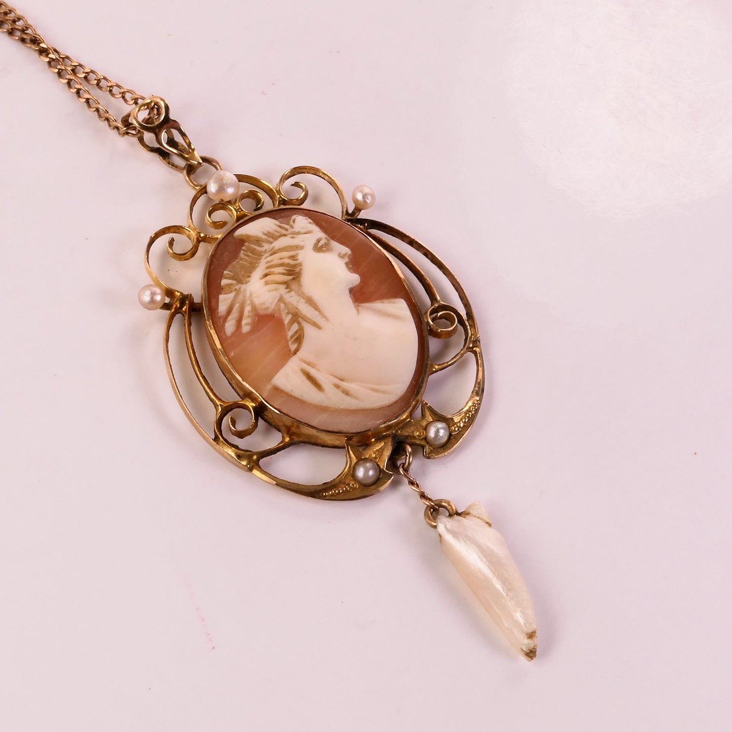 Antique Gold Cameo Lavalier Pendant Necklace with Seed and Tooth Pearls 10k & 14k Art Nouveau Necklace 18"