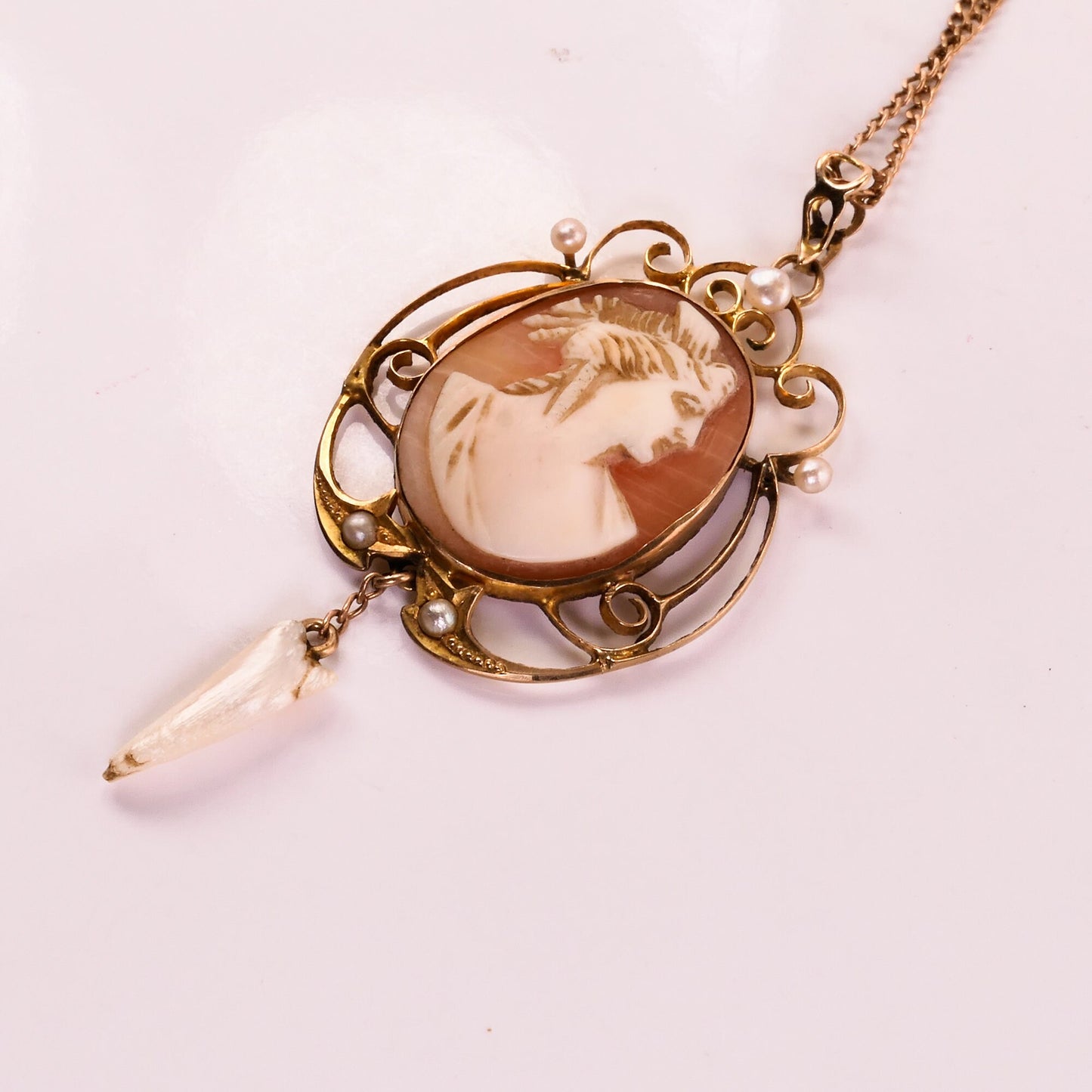 Antique Gold Cameo Lavalier Pendant Necklace with Seed and Tooth Pearls 10k & 14k Art Nouveau Necklace 18"