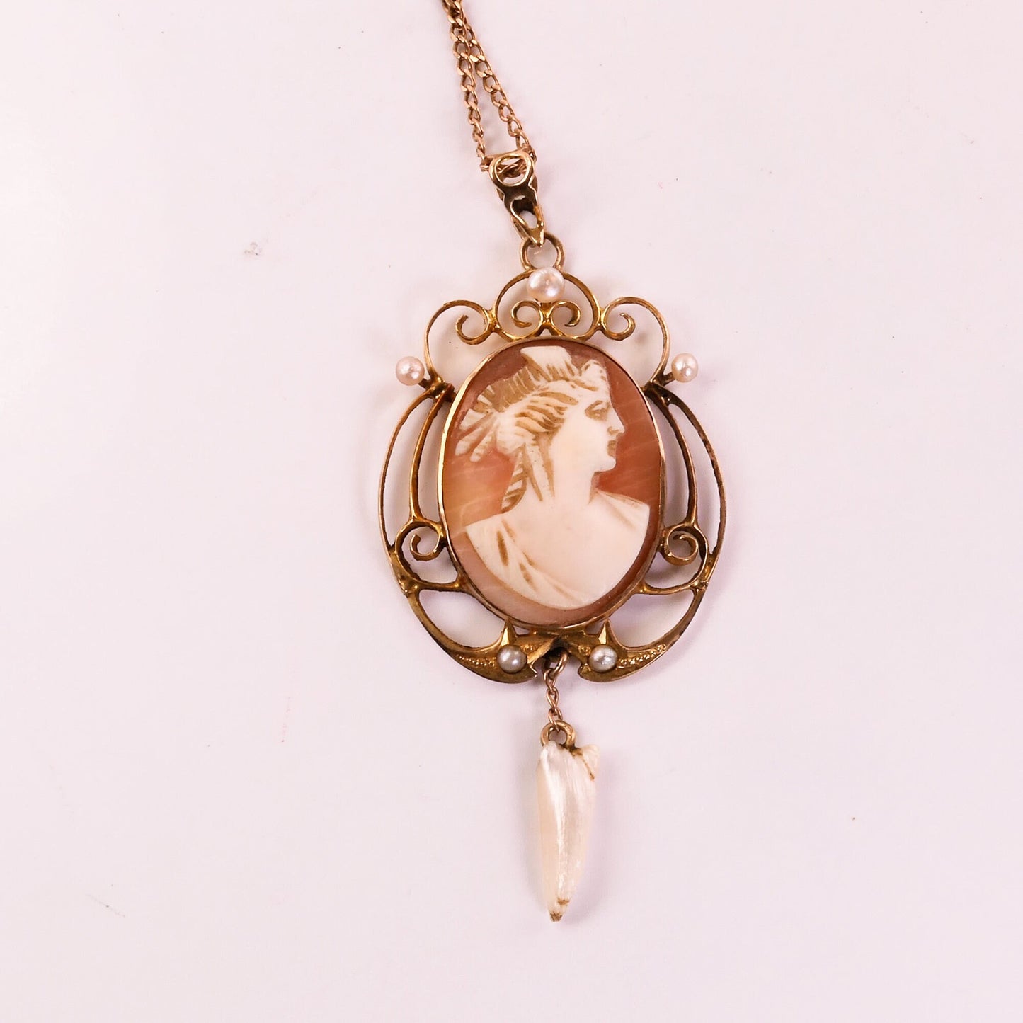 Antique Gold Cameo Lavalier Pendant Necklace with Seed and Tooth Pearls 10k & 14k Art Nouveau Necklace 18"